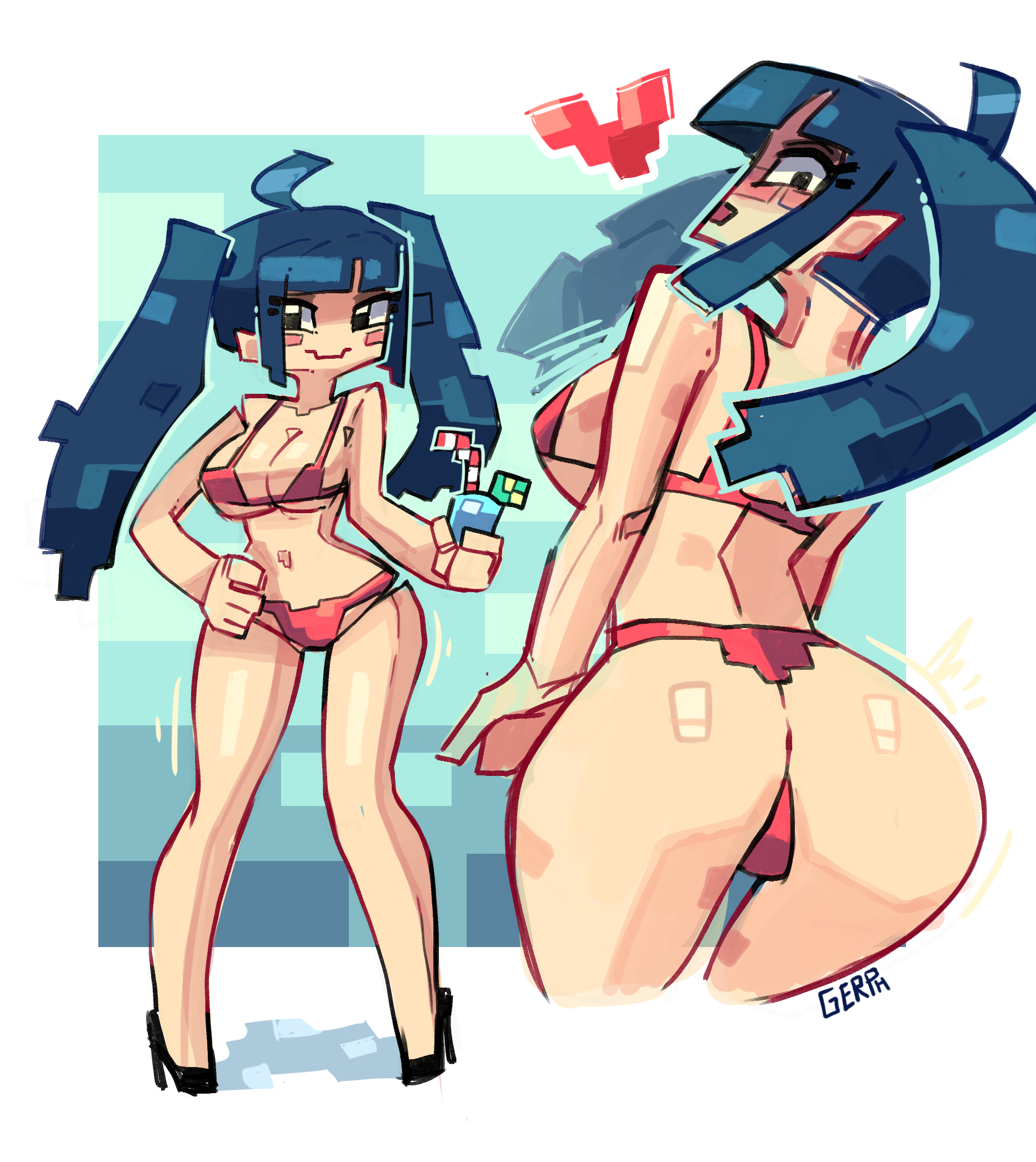 1girls, ass, bikini, blush, female, gerph, high heels, looking at viewer, minecraft, solo, solo female, twintails
