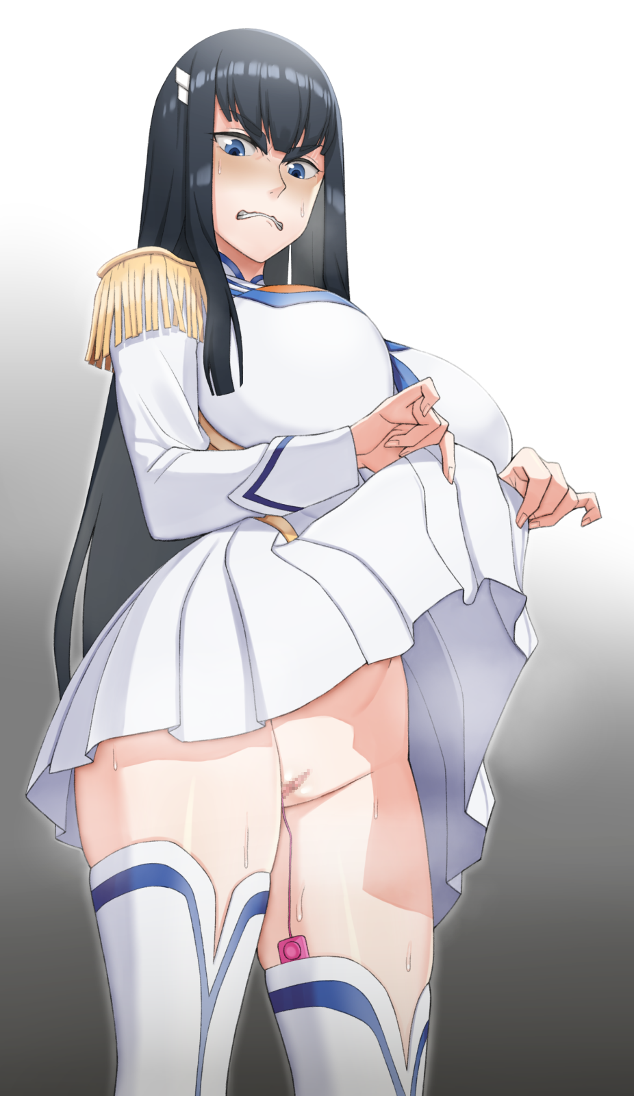 1girls, 2021, big breasts, breasts, censored, clothed female, female, female focus, female only, handplug, junketsu, kill la kill, kiryuuin satsuki, large breasts, long hair, nipples visible through clothing, no panties, pussy, sex toy, skirt, skirt lift, solo, solo focus, standing, studio trigger, tagme, thighhighs, vaginal insertion