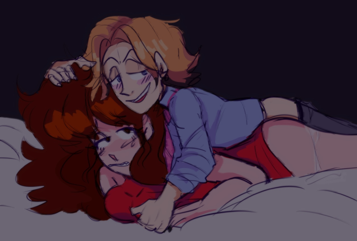1boy, 1girls, blonde hair, blue eyes, blush, boy on top, breasts, brown hair, female, friday night funkin, girlfriend (friday night funkin), grabbing breasts, groping, laying down, laying on bed, looking at partner, looking at viewer, male, man on top, no pants, open shirt, pants down, senpai (friday night funkin), shirt, smile, straight, tagme, vanilla