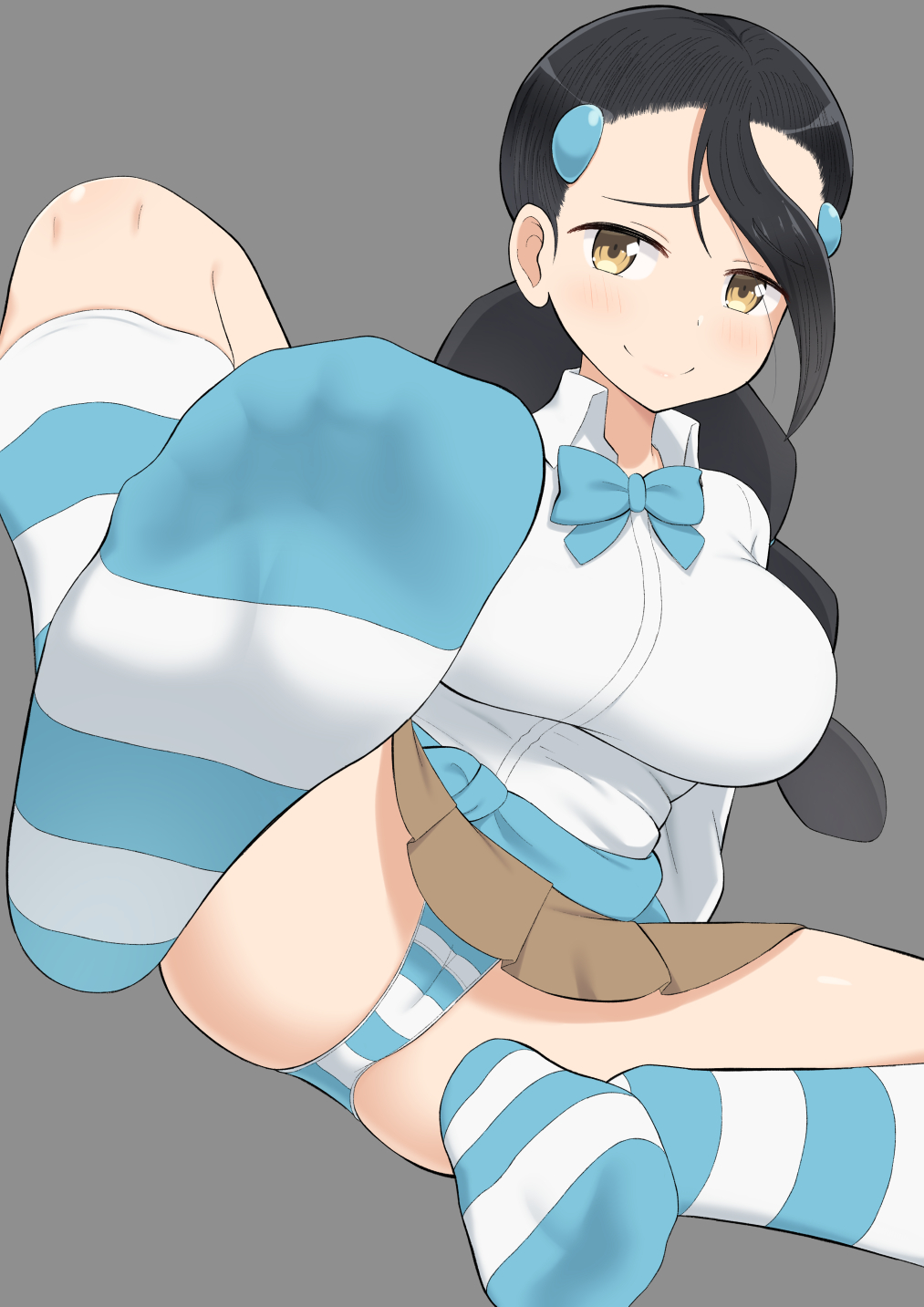 1girls black_hair blue_striped_panties blush brown_eyes cameltoe candice_(pokemon) feet female female_only foot_fetish foot_focus game_freak gym_leader highres human jkisaradu long_hair looking_at_viewer nintendo panties pokemon pokemon_(game) pokemon_dppt skirt smile socks soles solo striped striped_legwear striped_panties underwear video_games