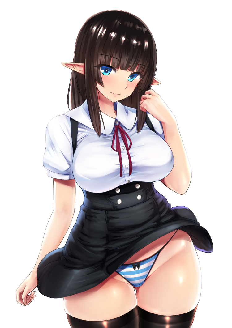 1girls ass_visible_through_thighs bangs black_hair black_legwear black_skirt blouse blue_eyes blue_panties blunt_bangs blush breasts cowboy_shot curvy elf eyebrows_visible_through_hair female high-waist_skirt hip_focus ishimiso_(ishimura) large_breasts long_hair looking_at_viewer microskirt miniskirt neck_ribbon original panties pointy_ears revision ribbon school_uniform shiny shiny_skin short_sleeves sidelocks simple_background skirt smile solo striped striped_panties suspender_skirt suspenders thigh_gap thighhighs thighs thong underbust underwear white_background white_blouse wind wind_lift