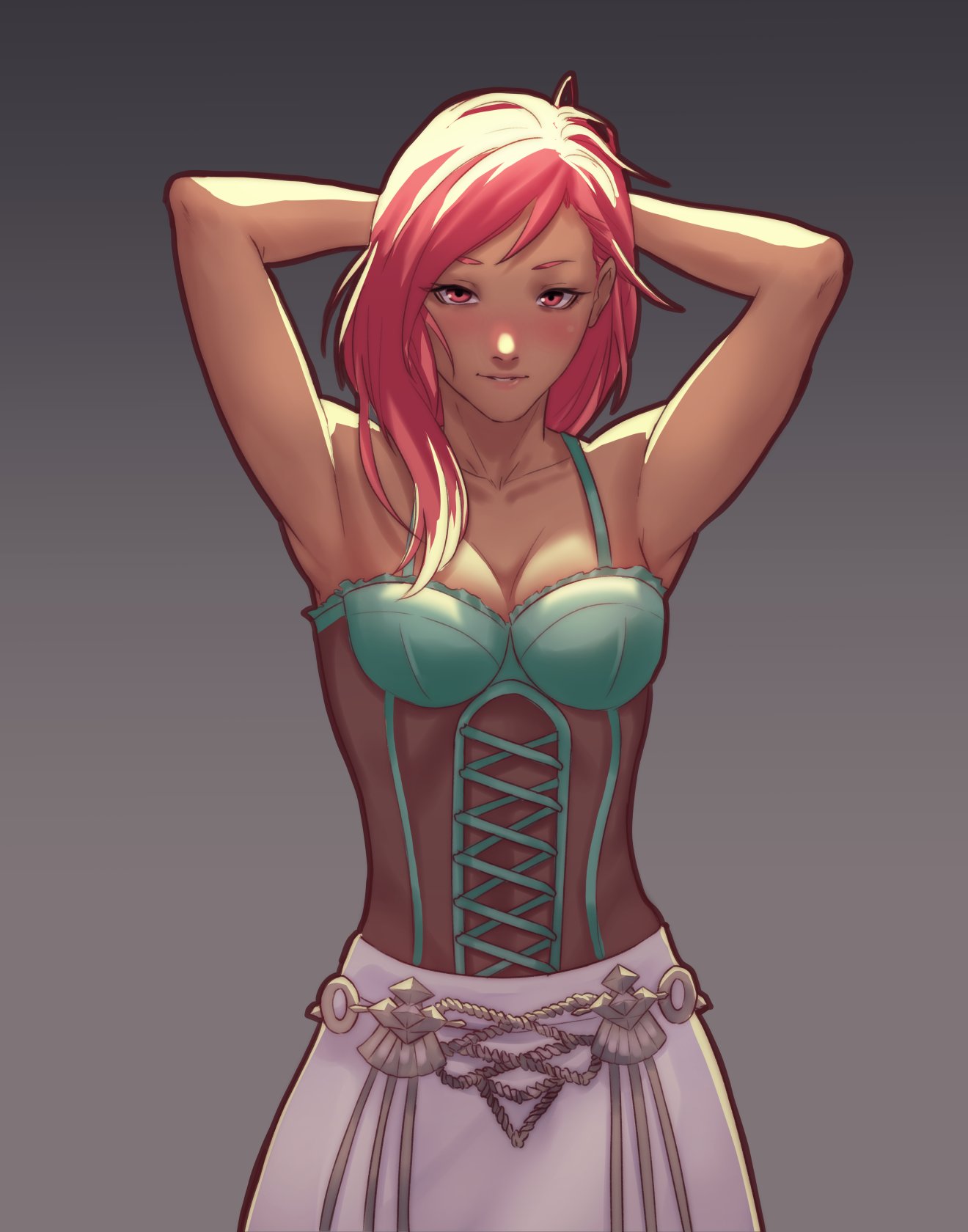 1girls, armpits, arms behind head, blush, corset, female, fire emblem, fire emblem: three houses, garreg mach monastery uniform, grey background, hapi (fire emblem), looking at viewer, nintendo, pomelomelon, pose, red eyes, red hair, simple background, skirt, solo, solo female