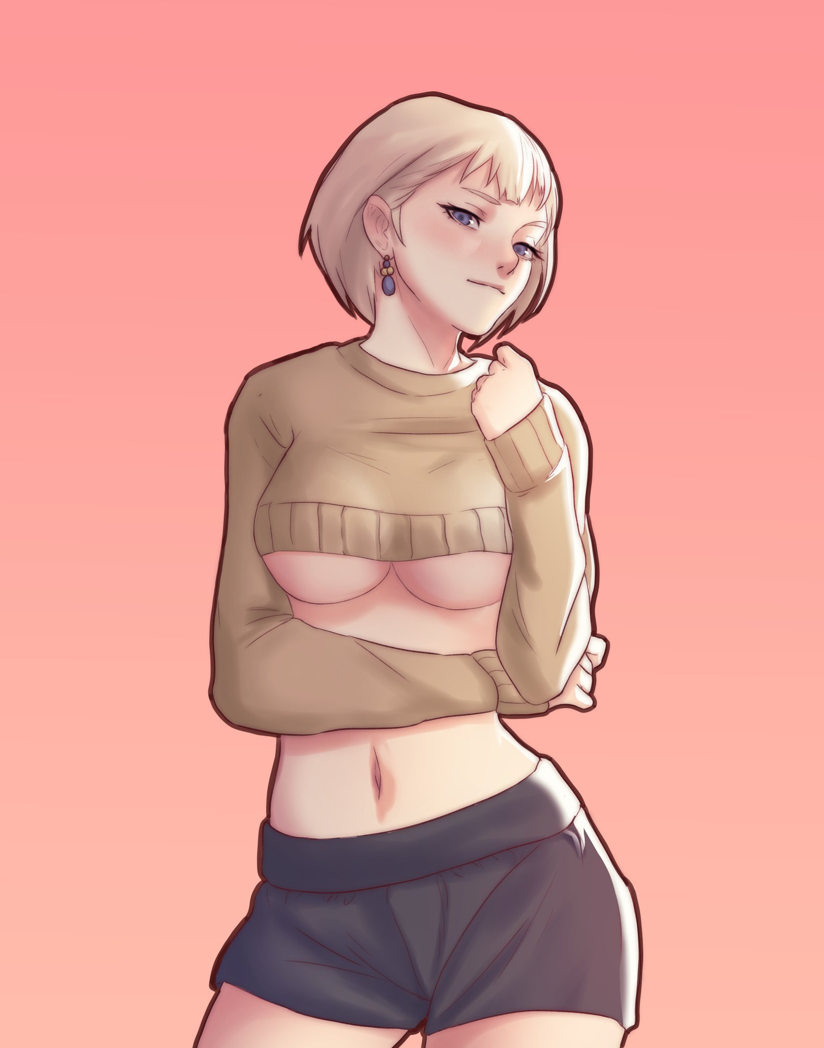 1girls, alternate costume, bare midriff, blonde hair, blue eyes, breasts, earrings, female, fire emblem, fire emblem: three houses, large breasts, looking at viewer, mercedes von martritz, nintendo, pomelomelon, post-timeskip, short hair, shorts, solo, sweater, underboob