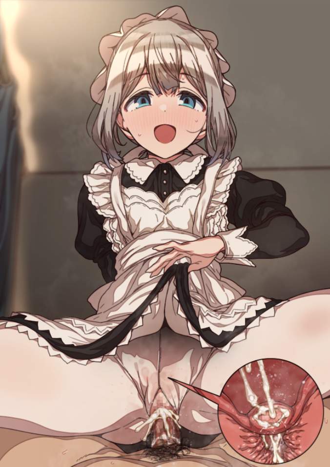 1boy 1girls bangs black_dress blue_eyes blush censored circle_dress clothed_sex clothing cowgirl_position cross_section cum cum_in_pussy cum_in_uterus cum_inside dress dress_lift erere female female_on_top grey_hair idolmaster idolmaster_shiny_colors internal_cumshot juliet_sleeves lifted_by_self long_sleeves looking_at_viewer maid maid_headdress male mosaic_censoring open_mouth overflow pantyhose penetration penis pov puffy_sleeves pussy serizawa_asahi sex sex_in_dress short_hair solo_focus spread_legs straddling straight uterus vaginal_penetration white_legwear