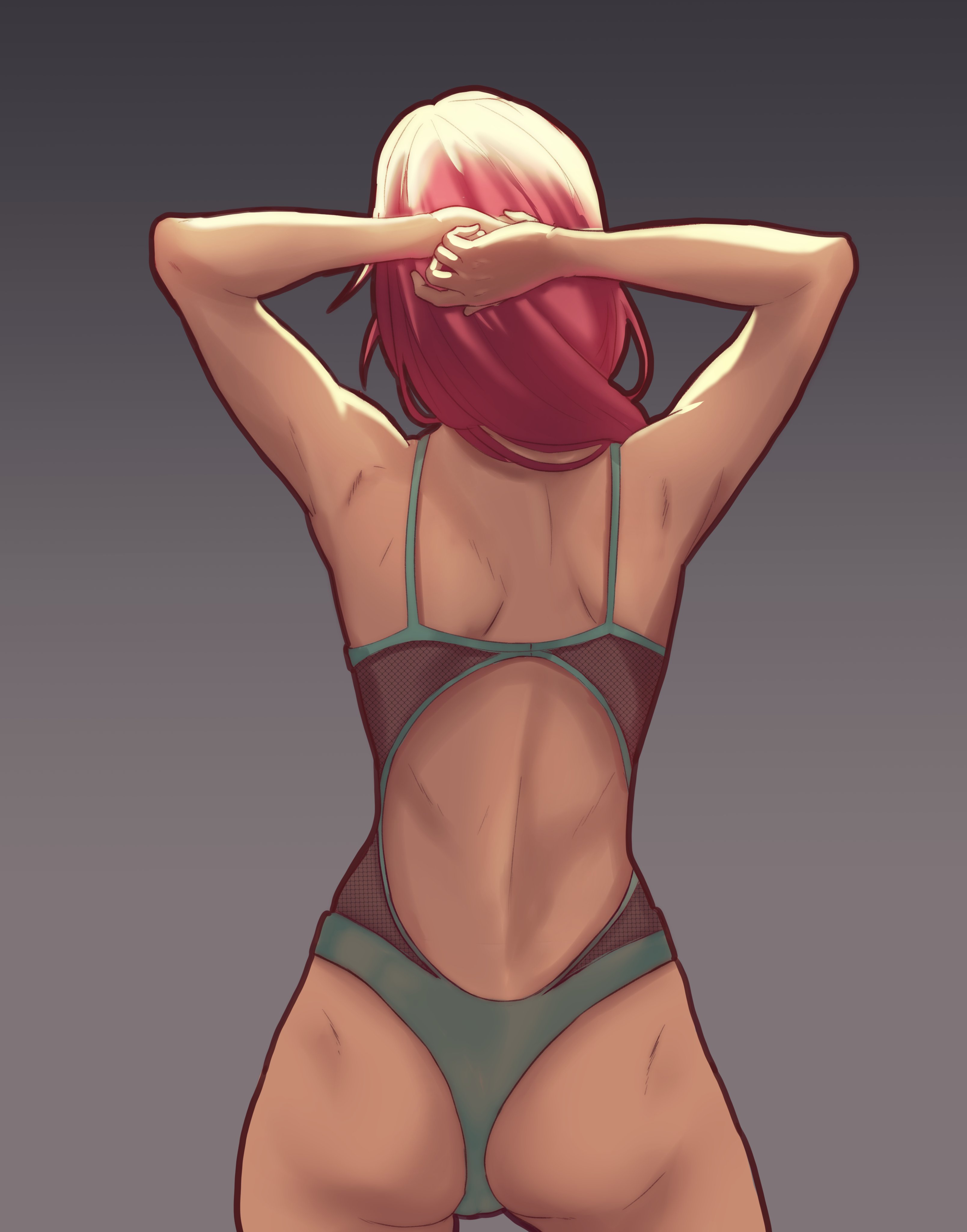 1girls, arms behind head, ass, back, back view, bare back, female, fire emblem, fire emblem: three houses, grey background, hapi (fire emblem), medium hair, nintendo, one-piece swimsuit, pomelomelon, pose, red hair, simple background, solo, solo female, swimsuit