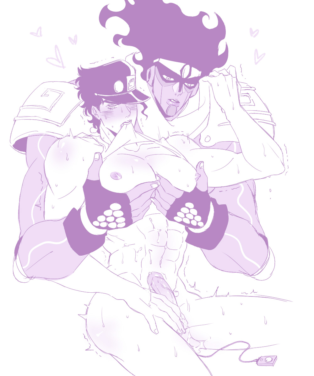 2boys anal bara biting_shirt breast_grab breast_squeeze fondling gay jojo's_bizarre_adventure jotaro_kujo male/male male_focus male_only masturbation muscular muscular_male penis sex_toy shirt_lift stand_(jjba) standcest star_platinum stardust_crusaders sweat vibrator yaoi