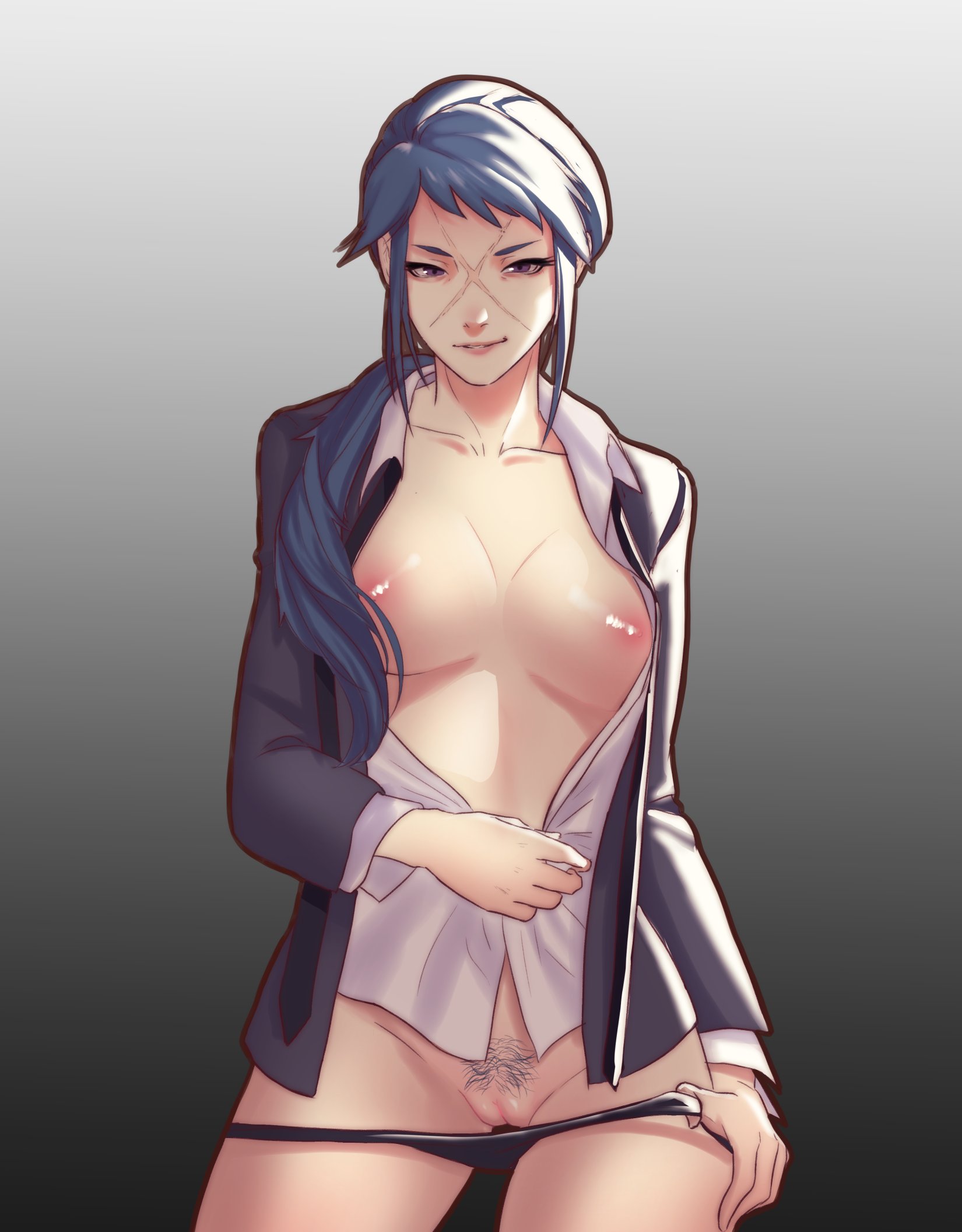 1girls, alternate costume, big breasts, black panties, blue hair, breasts, collarbone, female, female pubic hair, fire emblem, fire emblem fates, long hair, looking at viewer, medium breasts, nintendo, nipples, open clothes, open shirt, panties, pomelomelon, ponytail, pubic hair, purple eyes, pussy, reina (fire emblem), scar, smile, solo, solo female, teasing, uncensored, undressing
