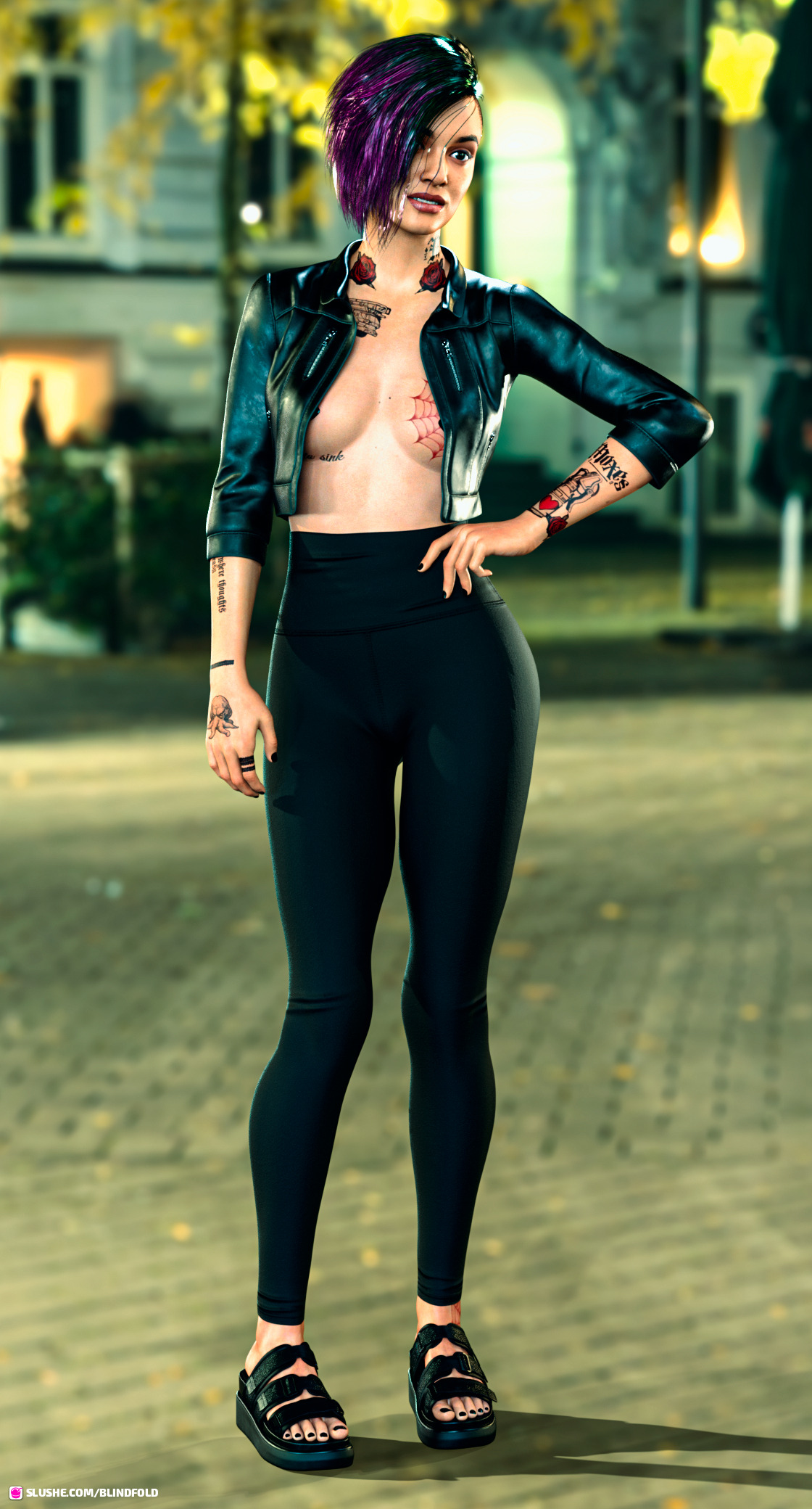 3d, athletic, athletic female, blindfold (artist), breasts, busty, cyberpunk, cyberpunk 2077, female, female focus, female only, green hair, hourglass figure, judy alvarez, medium breasts, navel, pose, posing, solo, tagme, tattoo, wide hips