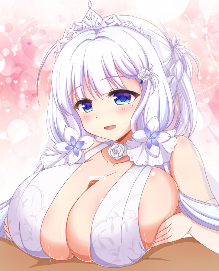 1boy afuro azur_lane bare_shoulders blue_eyes breast_grab breasts bridal_veil clothing dress eyebrows_visible_through_hair female flower grabbing halter_dress halterneck huge_breasts illustrious_(azur_lane) illustrious_(morning_star_of_love_and_hope)_(azur_lane) lace-trimmed_dress lace_trim long_hair mole mole_under_eye official_alternate_costume open_mouth outercourse paizuri paizuri_under_clothes penis rose tiara tri_tails veil wedding_dress white_dress white_flower white_hair white_rose