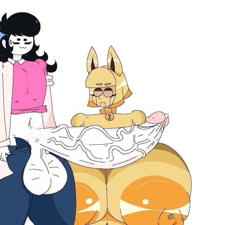 :3, 2d, 2d (artwork), areolae, balls, belly button, big areola, big balls, big breasts, big penis, black hair, blue pants, breasts, cat ears, closed eyes, clothed, clothed male, clothing, collar, collared shirt, female, futanari, gold skin, huge areolae, huge breasts, huge cock, hyper, hyper breasts, hyper penis, intersex, itscloaker, m-3ow robo-fortune, male, medium hair, nude, nude female, pants, penis, penis out, pink shirt, roblox, roblox avatar, robloxian, robo-fortune, robot, robot girl, simple background, skullgirls, standing, stomach, sweat, veiny penis, white background, white shirt, white skin