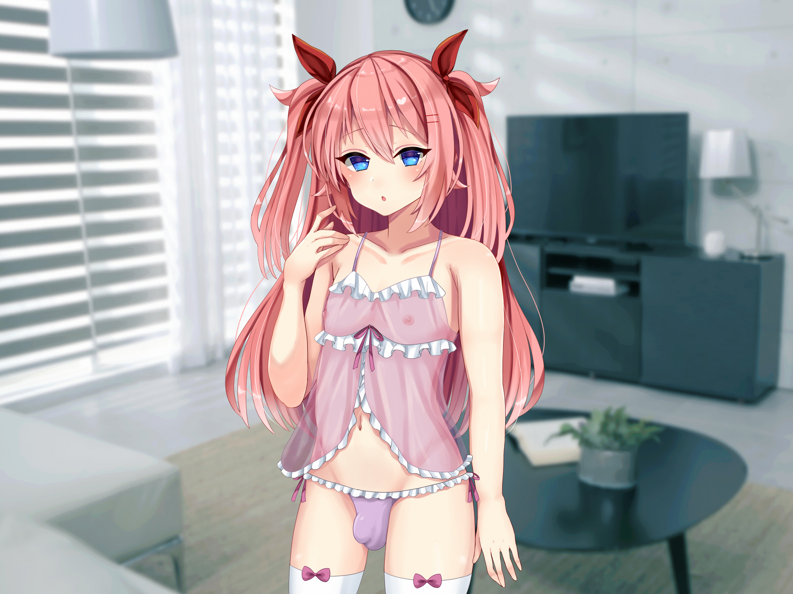 1boy, femboy, long hair, male, male only, manana (matoi1111), matoi-chan-kun, namaiki na otokonoko o yuukai kankin shite oyome-san ni suru, nipples, penis, penis under clothes, pink hair, solo, tied hair, trap, twintails