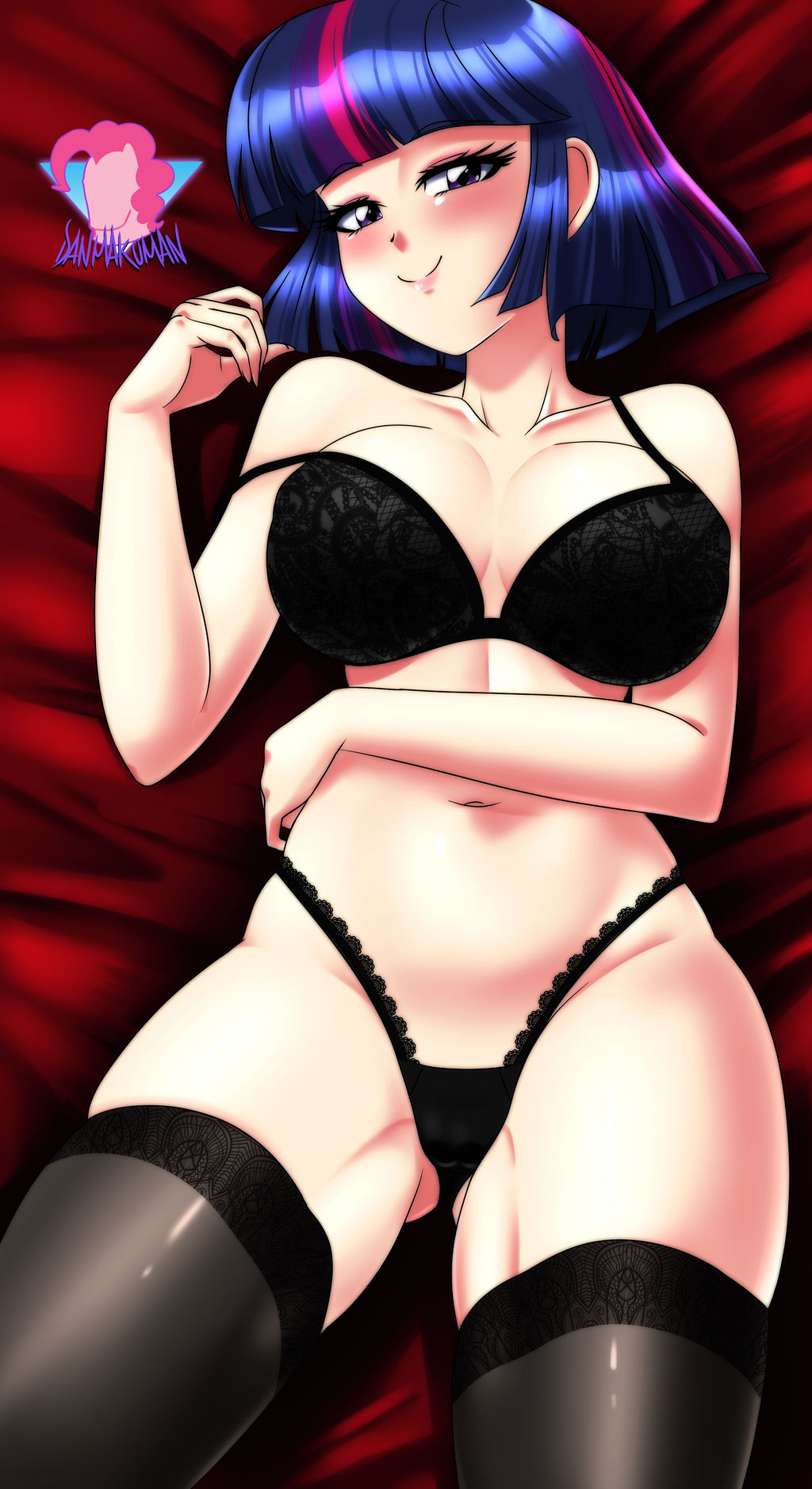 1girls, bedroom eyes, cameltoe, cleavage, danmakuman, female, female only, friendship is magic, humanized, inviting, lingerie, lying on back, lying on bed, magenta hair, multicolored hair, my little pony, purple eyes, purple hair, pussy, royalty, seductive, short hair, solo, thighhighs, thong, twilight sparkle (mlp), voluptuous