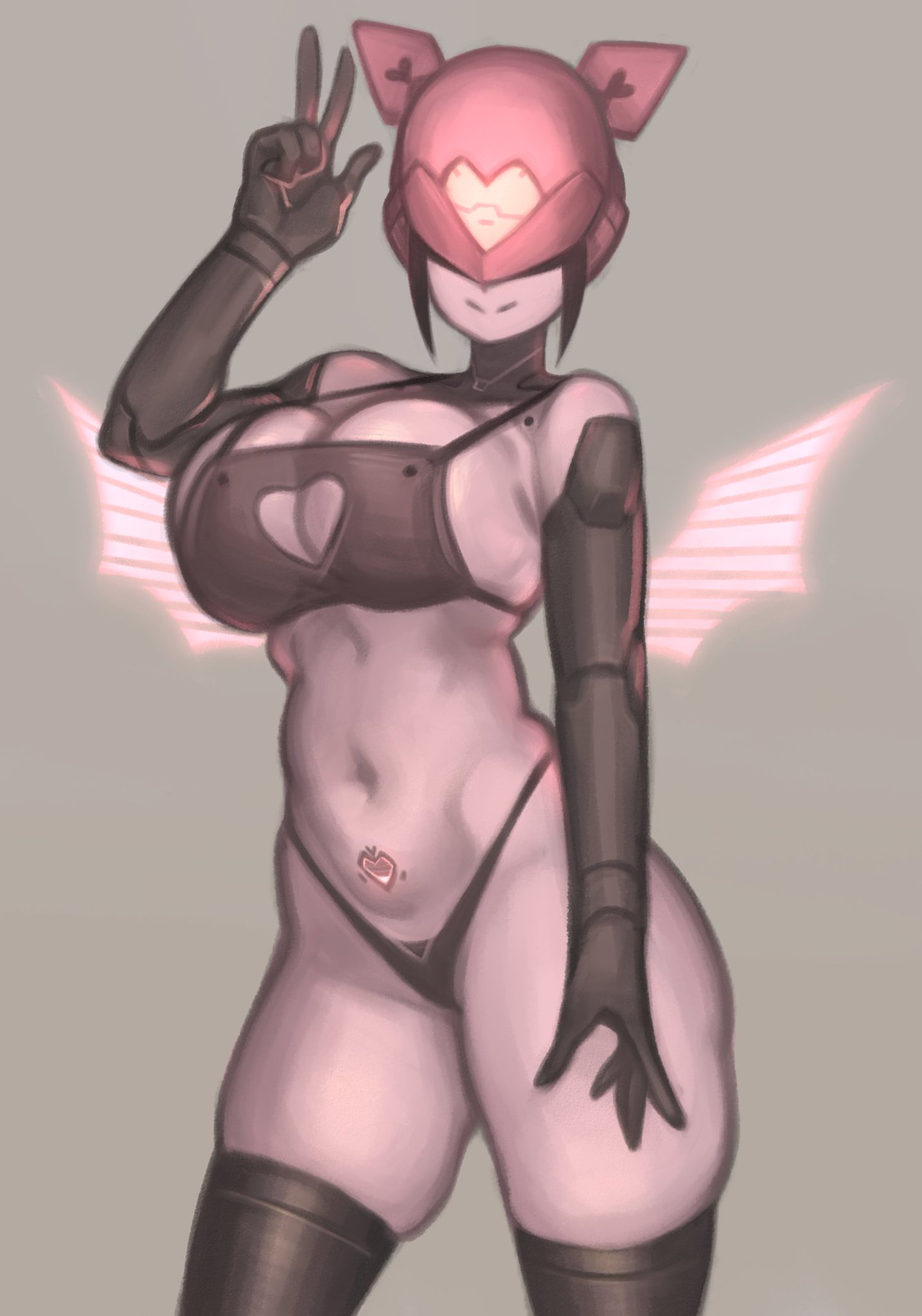 black panties, breasts, character request, cleavage, eyes covered, female, highleg panties, kelvin hiu, large breasts, original, panties, robot, robot girl, smile, standing, tagme, thighhighs
