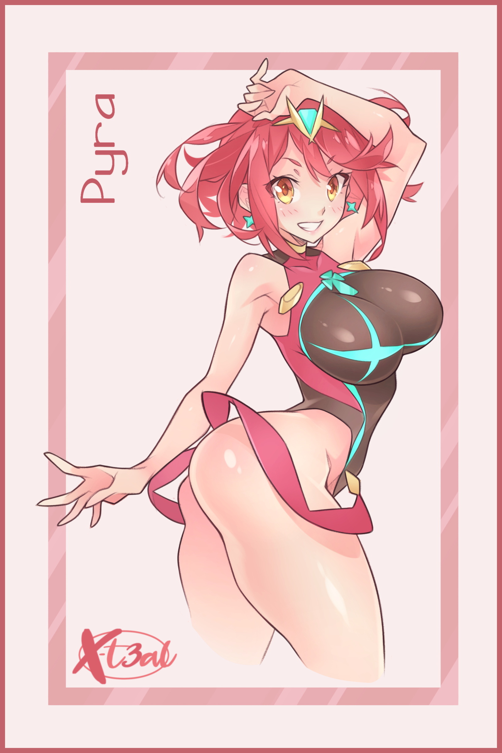 1girls, arm up, arms up pose, earrings, female, hair ornament, one-piece swimsuit, pyra, red hair, short hair, source request, swimsuit, tagme, x-teal, xenoblade (series), xenoblade chronicles 2