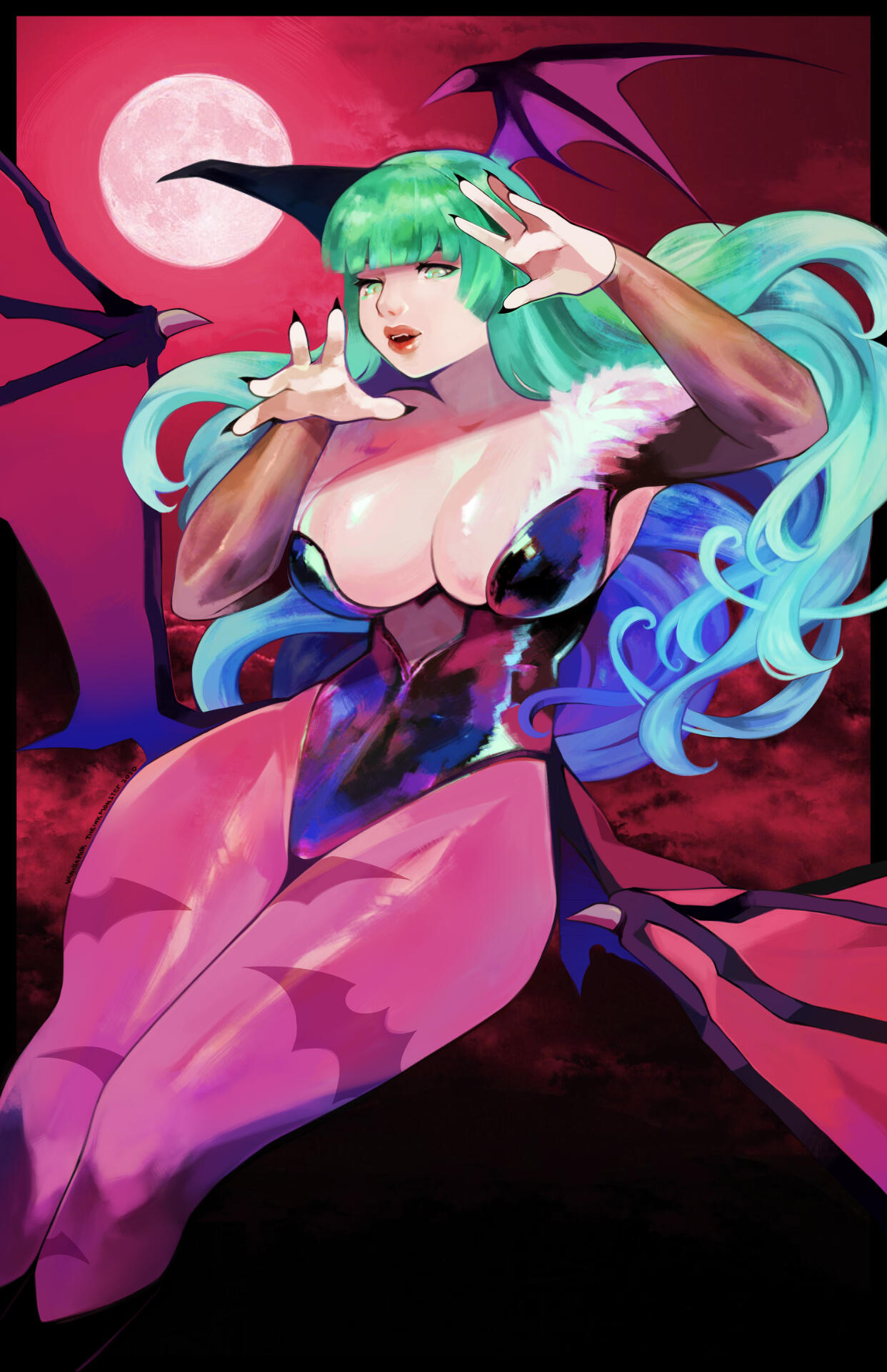 1girls aqua_eyes aqua_hair bat_wings breasts capcom cleavage clothed clothed_female clothing darkstalkers demon demon_girl female female_only large_breasts leotard long_hair moon morrigan_aensland non-nude sharp_fingernails solo succubus tagme vanillamilk