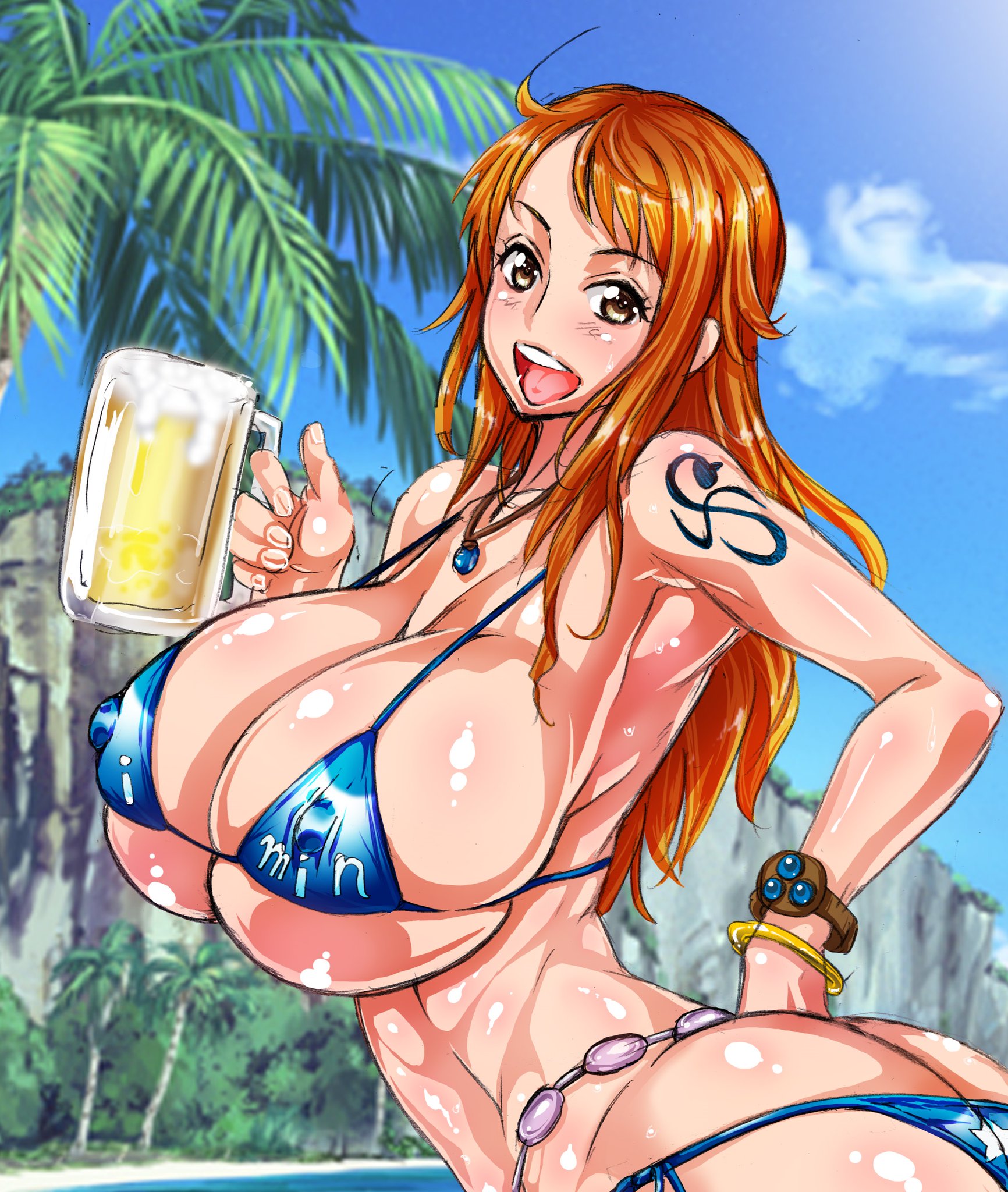 1girls, alternate breast size, ando hiroyuki, arm tattoo, ass, big ass, big breasts, big butt, bikini, bikini bottom down, bikini top, blue bikini, blue tattoo, blush, body writing, breasts, breasts bigger than head, brown eyes, bubble ass, bubble butt, bursting breasts, clothing, curvy, curvy figure, erect nipples, female, female focus, female only, glossy, hand on hip, hips, holding beer, holding beverage, huge breasts, large ass, large breasts, long hair, looking at viewer, massive breasts, mature female, measurements, nami (one piece), nipple bulge, nipples, one piece, open mouth, orange hair, orange-haired female, post-timeskip, revealing clothes, round ass, shiny skin, skimpy, smile, solo, solo female, solo focus, string bikini, swimsuit, swimwear, tattoo, top heavy