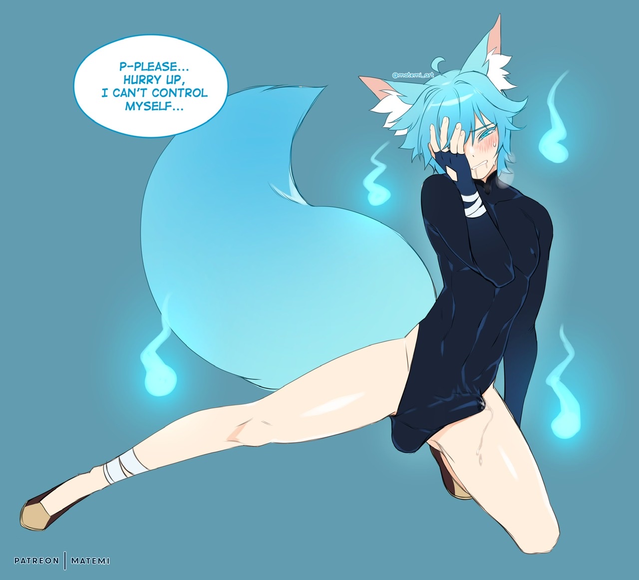 1boy, bare legs, big penis, bulge, chongyun (genshin impact), english text, erection, erection under clothes, femboy, fox ears, fox tail, genshin impact, male, male only, matemi, penis, skin tight, solo, text, twink