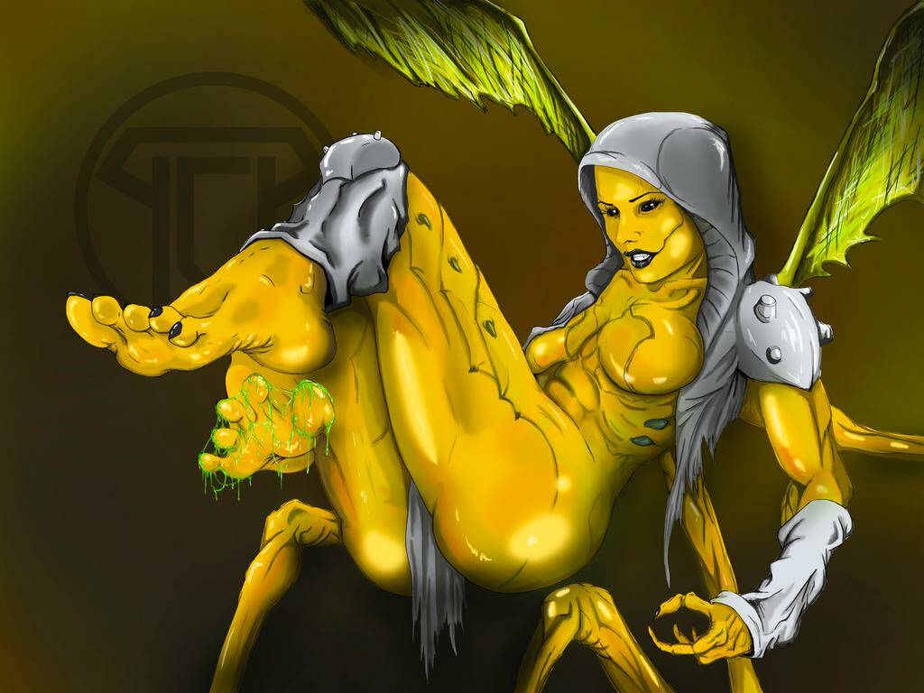 2d ass big_ass big_breasts black_eyes black_lips black_lipstick breasts claws d'vorah feet female female_focus female_only hood insect_girl insect_wings mortal_kombat mortal_kombat_11 nude posing solo solo_female wings yellow_skin