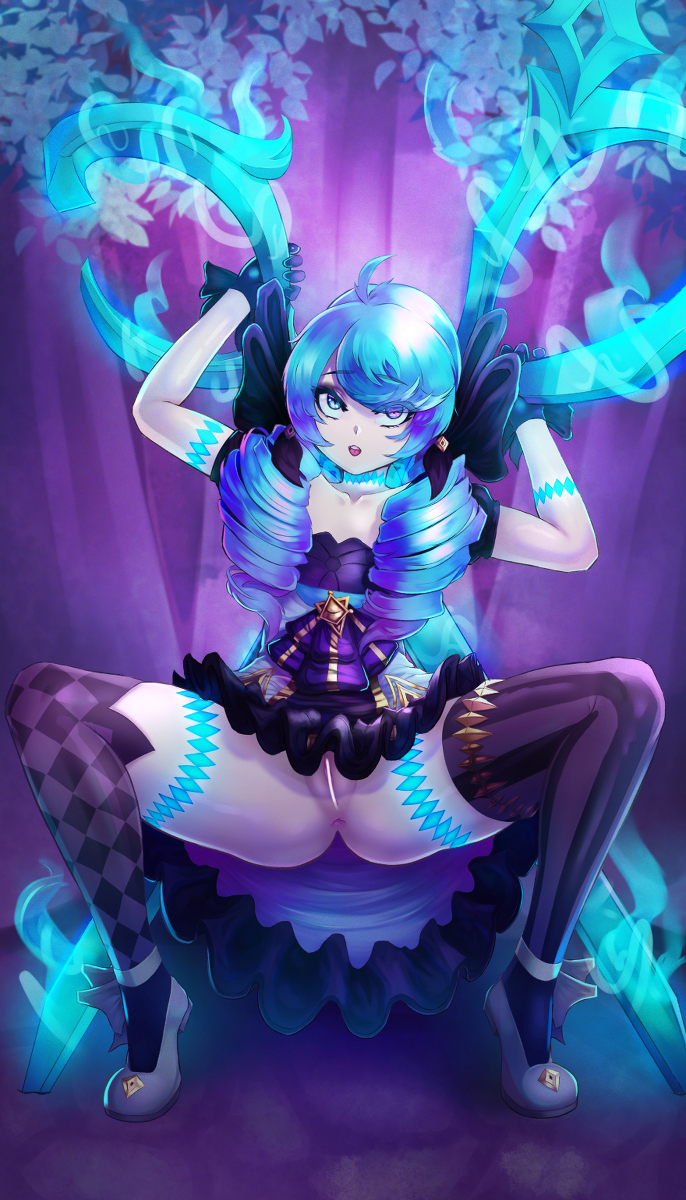 anus blue_hair censored cyberkaps flats gwen_(league_of_legends) heterochromia league_of_legends mary_janes mismatched_legwear no_panties pussy riot_games shoes spread_legs squatting tagme thighhighs twintails upskirt