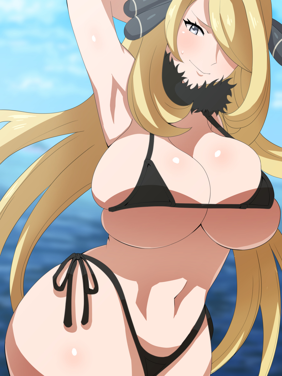 1girls, 2021, alternate breast size, armpit, beach, big breasts, bikini, black bikini, blonde hair, breasts, cynthia (pokemon), female, female focus, female only, fur collar, game freak, grey eyes, hair ornament, hand behind head, hips, huge breasts, large breasts, looking at viewer, mana nzmr, micro bikini, navel, nintendo, pinup, pokemon, pokemon dppt, thick thighs, thighs, very long hair, wide hips