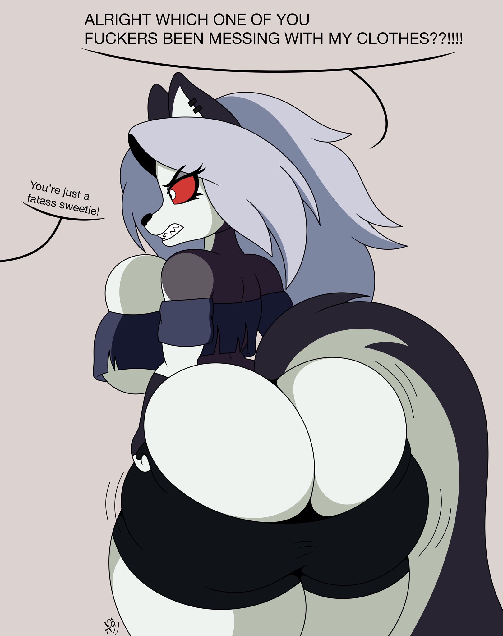 1girls, angry, anthro, ass, ass cleavage, ass crack, big ass, big butt, black body, butt crack, canid, canid demon, demon, ear piercing, english text, eyelashes, female, grey hair, hair, hellhound, helluva boss, long hair, loona (helluva boss), nr ac, piercing, seductive, sharp teeth, standing, text, vivienne medrano, white body, white fur
