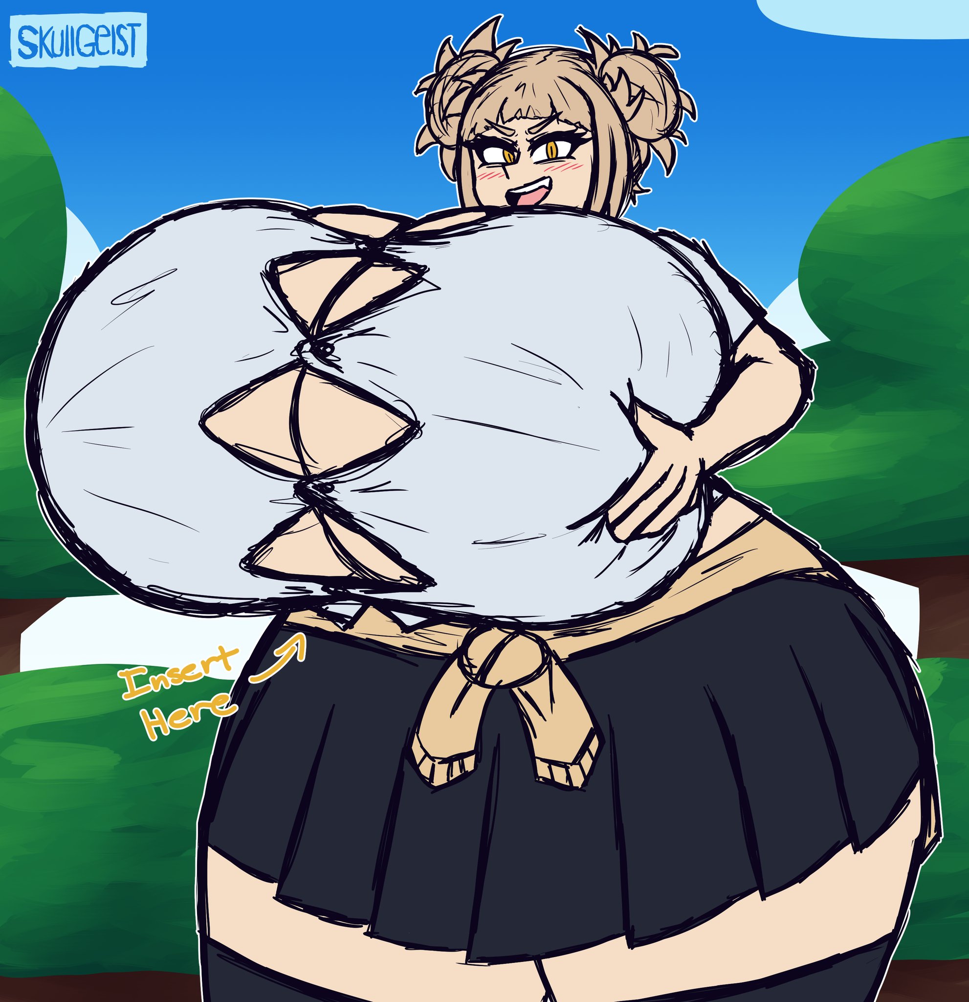 1girls, 5 fingers, ass, ass expansion, big ass, big breasts, big butt, blonde hair, blush, blushing, breast expansion, breast grab, breast growth, breast growth (enlargement), breasts, breasts bigger than head, butt expansion, button gap, clothed, clothes, clothing, cloud, clouds, english text, enormous breasts, expansion, eyebrows, eyebrows visible through hair, eyelashes, fat ass, female, female only, gigantic breasts, growth, hands on breasts, himiko toga, hips, huge ass, huge breasts, huge butt, huge thighs, human, human only, humanoid, hyper, hyper ass, hyper breasts, hyper butt, hyper thighs, inflation, large ass, large breasts, large butt, looking at viewer, massive breasts, mouth open, my hero academia, open mouth, pale skin, pleated skirt, skirt, skullgeist, sky, smile, smiling, smiling at viewer, solo, solo female, teeth, text, thick, thick ass, thick thighs, thighhighs, thighs, tongue, tree, trees, voluptuous, watermark, wide hips, yellow eyes