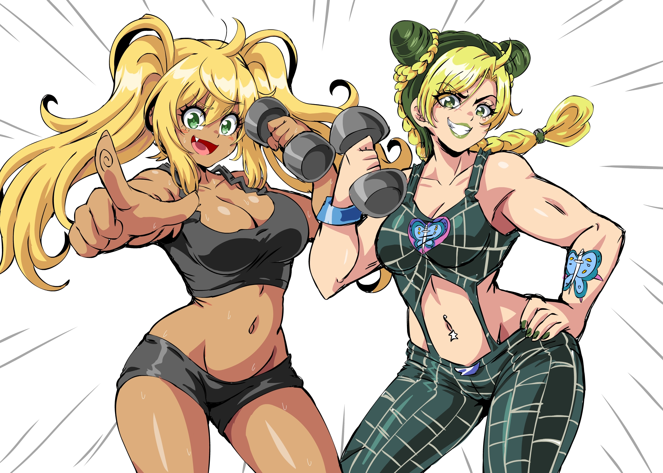 2girls, breasts, crossover, dumbbell, dumbbell nan kilo moteru?, female, female only, green hair, gyaru, human, jojo's bizarre adventure, jolyne kujo, lewdamone, light skin, light-skinned female, long hair, looking at viewer, multiple females, multiple girls, muscular, navel piercing, sakura hibiki, sexy armpits, shounen jump, stone ocean, tattoo, toned, workout