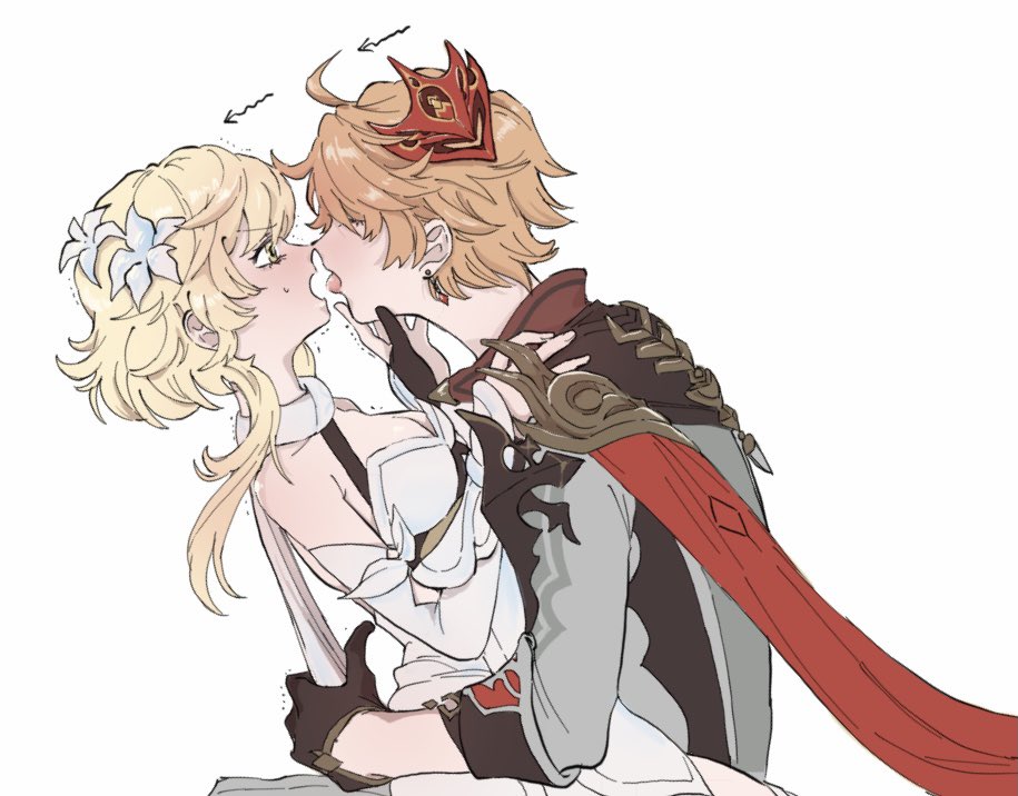1boy, 1girls, amber eyes, blonde hair, blush, breasts, childe (genshin impact), dubious consent, earrings, female, flower, flower in hair, genshin impact, ginger hair, gloves, hand on chin, kissing, lumine (genshin impact), male, mask, medium breasts, scarf, straight, tartaglia (genshin impact), tongue, tongue out, yellow eyes