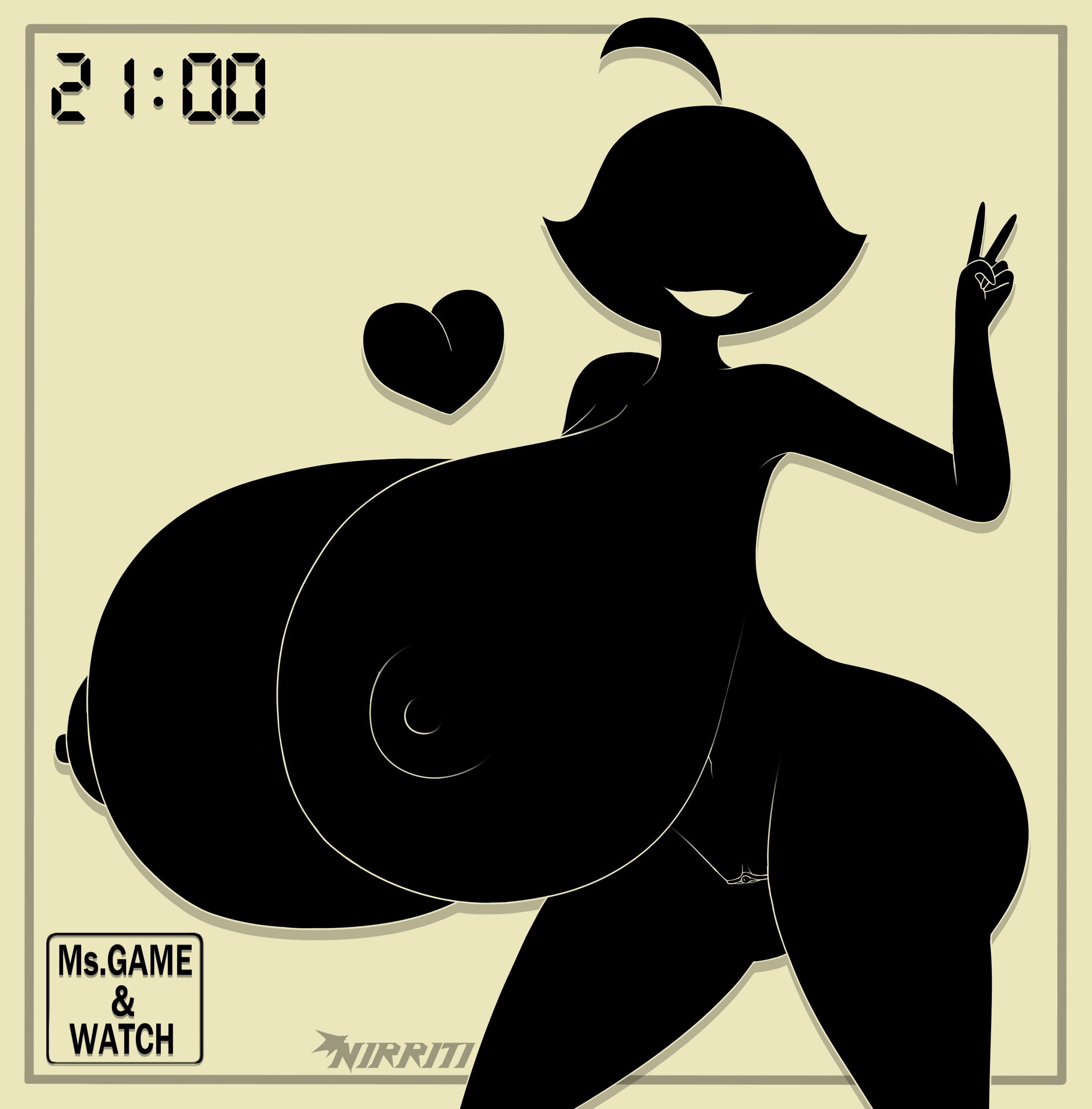 ass, black skin, breasts, breasts bigger than head, busty, chounyuu, cowlick, dark body, dark skin, female, game and watch, genderswap, genderswap (mtf), happy face, heart, hourglass figure, huge ass, huge breasts, hyper breasts, large breasts, monochrome, ms. game and watch, nintendo, nipples, nirriti, no eyes, peace sign, pussy, rule 63, smile, smiling, solo, solo female, thick thighs, vagina, video games, wide hips