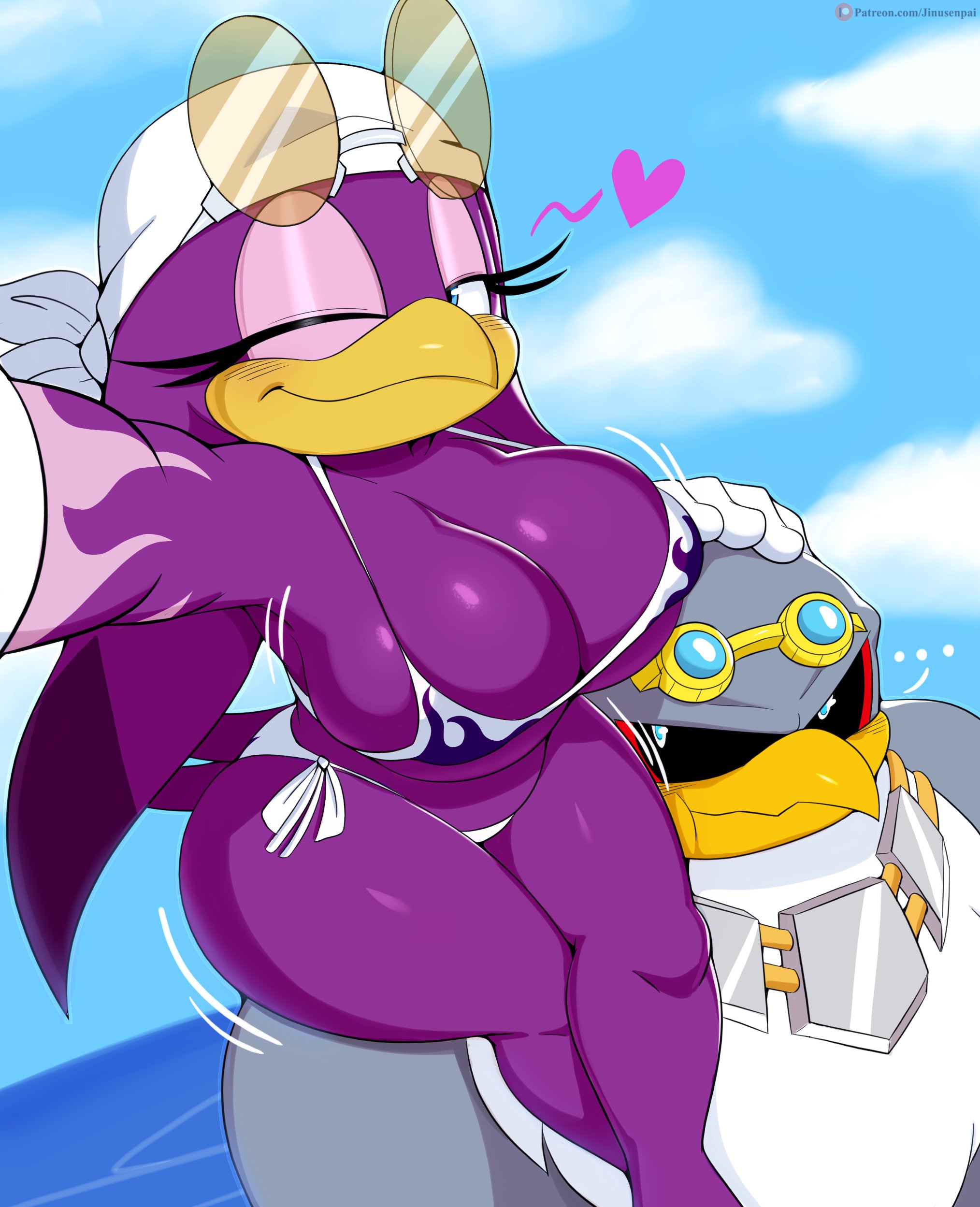 1boy, 1girls, anthro, avian, big breasts, bikini, black sclera, blue eyes, blush, breasts, clothing, curvy, female, furry, glasses, goggles, jinu, male, male/female, nipples, sega, skimpy, sonic (series), sonic riders, sonic the hedgehog (series), storm the albatross, wave the swallow