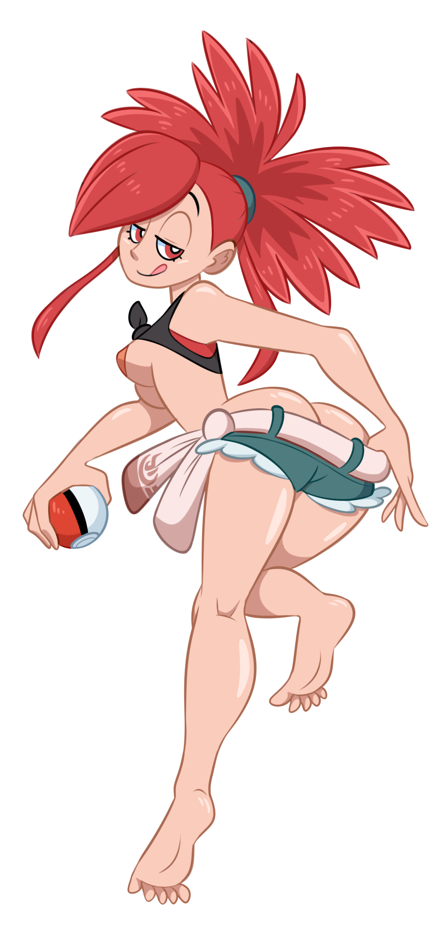 1girls areolae ass barefoot breasts eyebrows eyelashes female female_focus female_only flannery_(pokemon) flannery_(pokemon_oras) game_freak goopbloop goopygear gym_leader hair licking_lips looking_at_viewer nintendo nipples pants pokeball pokemon pokemon_oras pokemon_rse red_eyes red_hair solo solo_female solo_focus tied_hair tongue