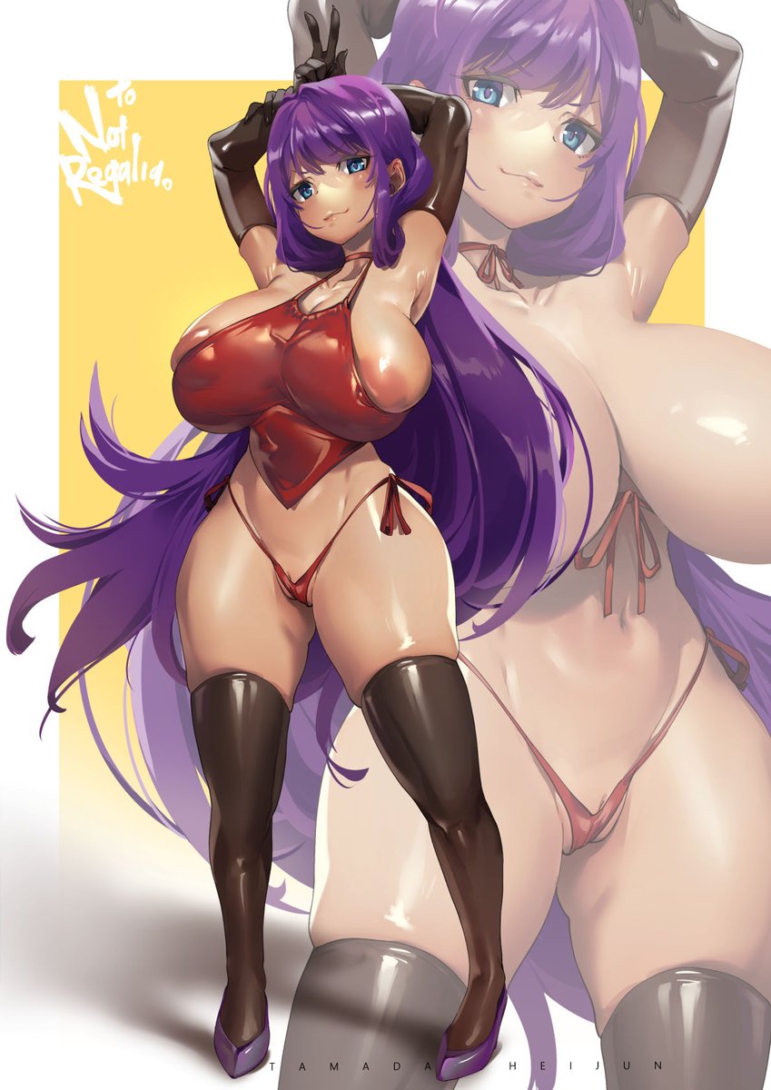 areola slip, armpits, arms up, big breasts, blue eyes, breasts, choker, curvy, female, huge breasts, long gloves, long hair, looking at viewer, nipple bulge, peace sign, purple hair, shortstack, side-tie panties, smug, tamada heijun, thick thighs, thighhighs, thong, wide hips