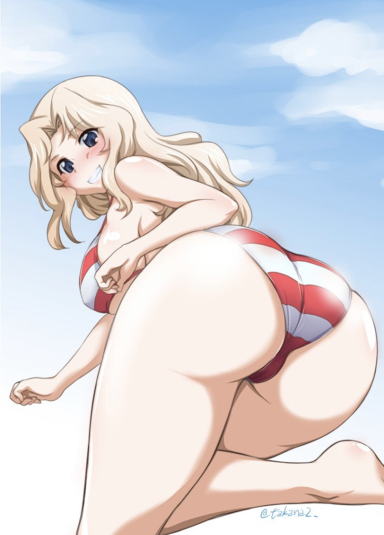 1girls, american flag, american flag bikini, ass, back view, bikini, bikini bottom, bikini top, blonde hair, blue eyes, blue sky, blush, breasts, cloud, cloudy sky, day, female, girls und panzer, grin, hair intakes, huge ass, huge breasts, kay (girls und panzer), large breasts, leaning forward, leg up, long hair, looking at viewer, looking back, outdoors, red bikini, seductive smile, sky, smile, solo, standing, striped bikini, striped clothes, swimsuit, thighs, twitter username, yts takana