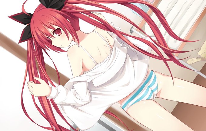 1girls ass black_ribbons date_a_live game_cg horizontal-striped_panties horizontal_stripes itsuka_kotori official_art panties red_hair ribbons striped_panties tagme tsunako twintails undressing