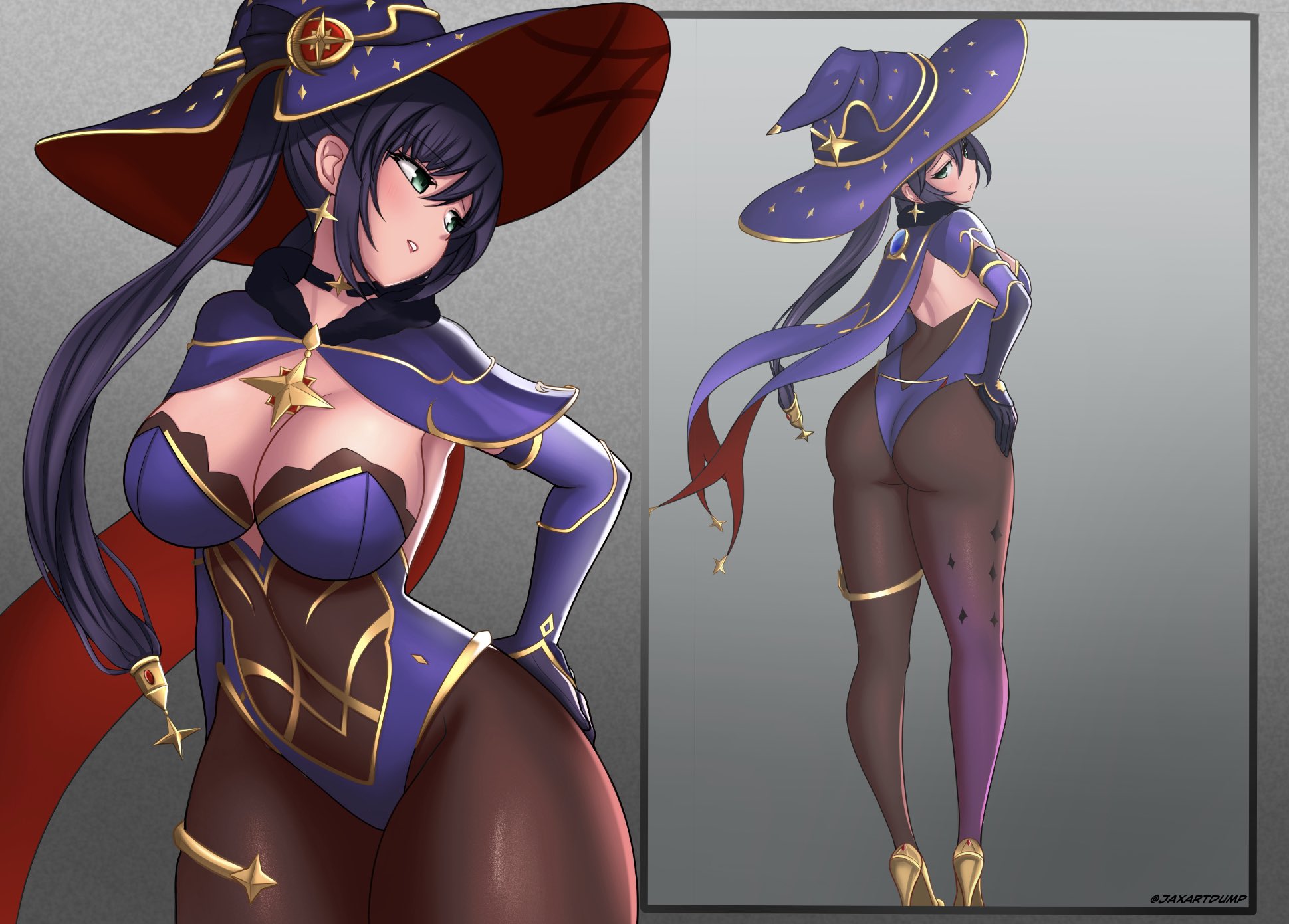 1girls, ass, blue eyes, breasts, cape, clothing, ear piercing, female, genshin impact, gold (metal), gold heels, gold jewelry, hand on hip, heels, high heels, jaxartdump, jewelry, long hair, mirror, mona (genshin impact), purple hair, shoes, sideboob, solo, thick thighs, twintails, white skin, witch hat