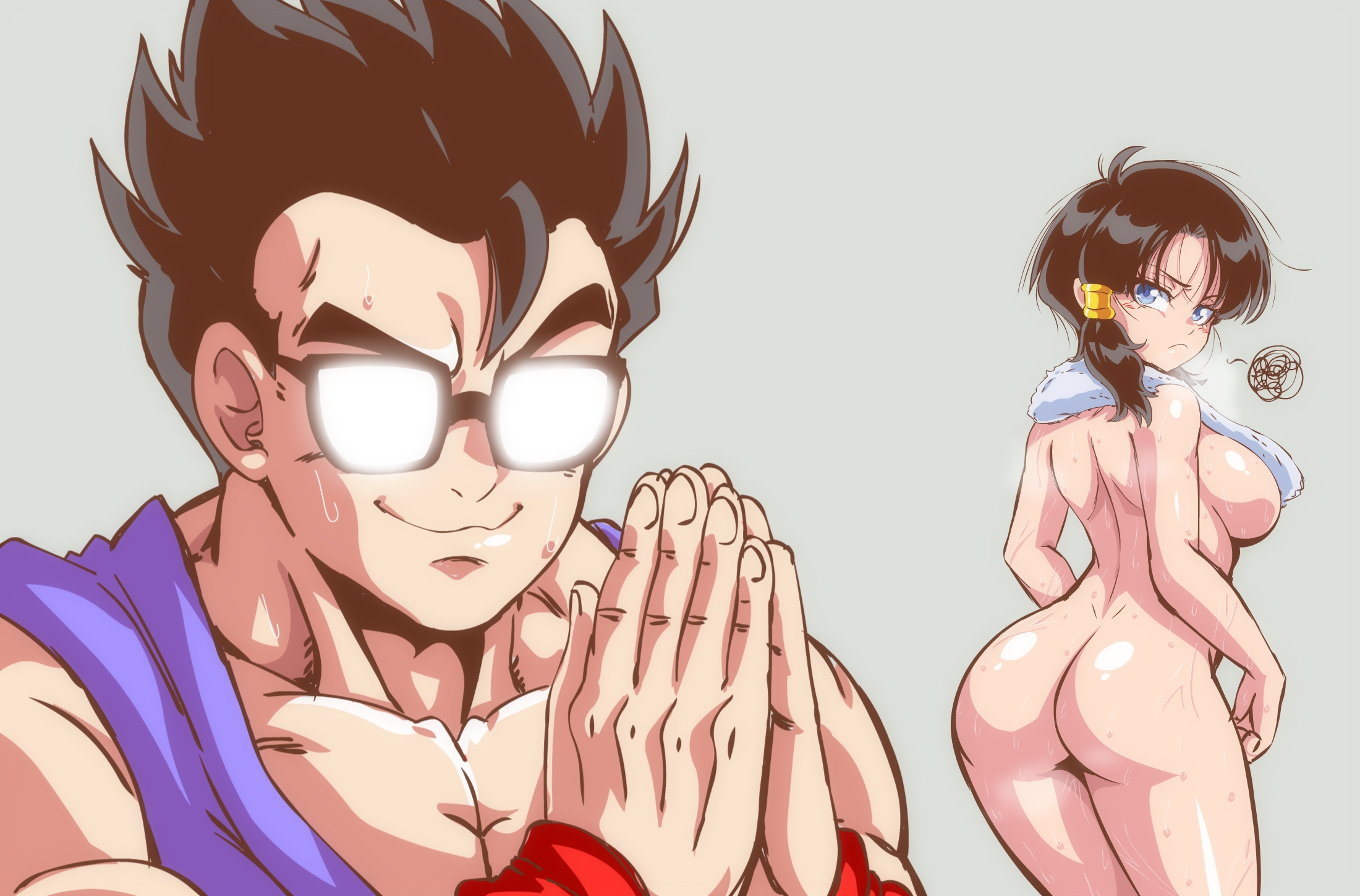 1boy, 1girls, ass, big ass, big breasts, black hair, black-haired female, black-haired male, breasts, dragon ball, dragon ball z, female, large breasts, lewdamone, looking at viewer, looking back, male, median furrow, meme, nude, shounen jump, son gohan, sweat, videl
