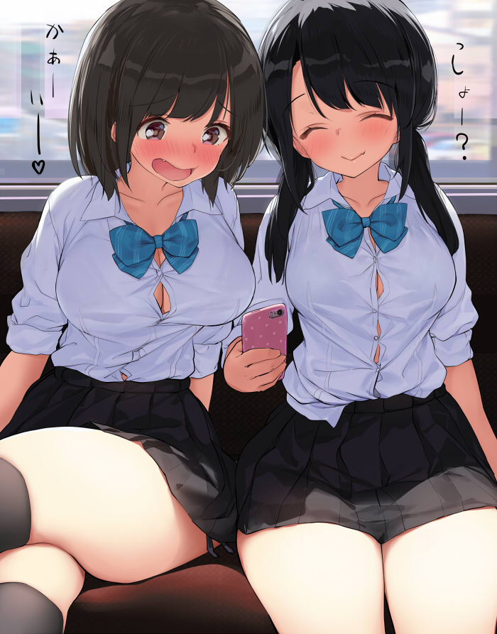 2girls black_hair blush busty closed_eyes curvaceous curvy curvy_figure cute female_only holding_object kaisen_chuui looking_at_phone multiple_girls original phone school_uniform schoolgirl sitting sitting_down smile smiling thick_thighs train