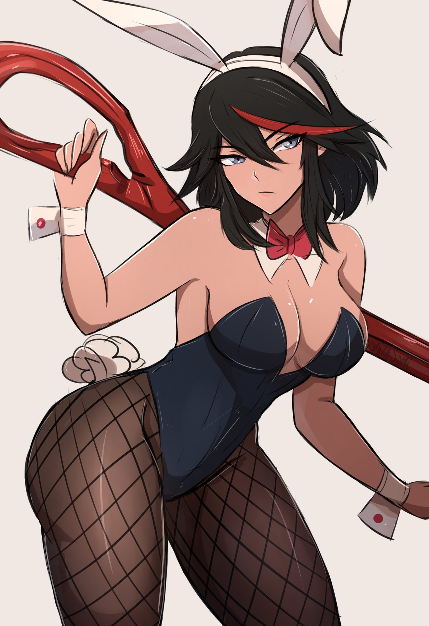 1girls, bare arms, bare shoulders, black hair, black-haired female, blue eyes, breasts, bunny ears, bunny girl, bunny tail, bunnysuit, cleavage, collar, cowboy shot, cute, female, female only, fishnet, holding, holding object, holding sword, kill la kill, lipstick, matoi ryuuko, omiza somi, pantyhose, short hair, simple background, solo, sword, sword over shoulder, thick thighs, white background, white skin, wide hips