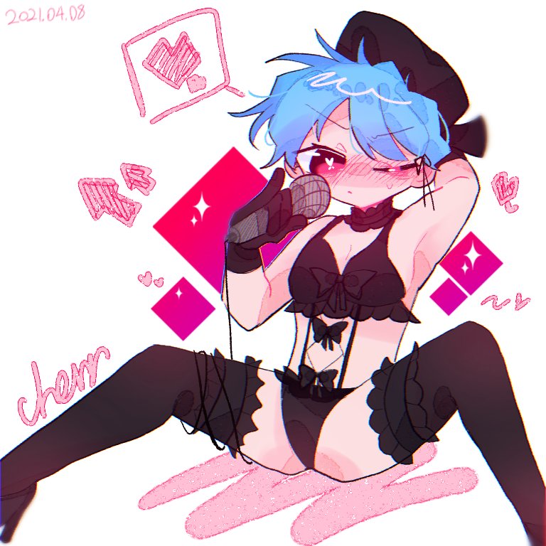 1boy, bikini, black legwear, blue hair, blush, boyfriend (friday night funkin), bra, choker, crossdressing, femboy, friday night funkin, hat, lace, lace-trimmed bra, lace-trimmed panties, lace-trimmed thighhighs, light skin, light-skinned male, lingerie, looking at viewer, male, one eye closed, panties, softcore, stockings, wink
