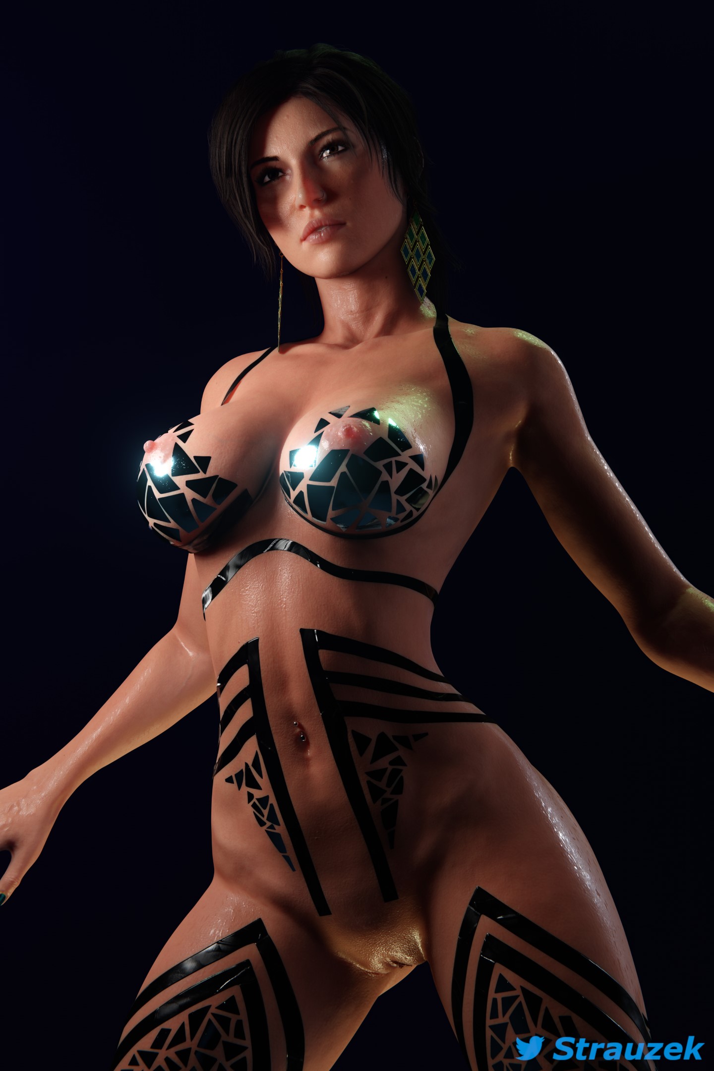 1girls, 3d, athletic, athletic female, black tape, black tape project, blender, blender (software), body markings, body paint, bodypaint, breasts, brown eyes, brown hair, busty, earrings, female, female focus, female only, functionally nude, glistening body, hourglass figure, human, lara croft, lara croft (survivor), large breasts, long hair, navel piercing, nipples, no eyewear, nose piercing, nude, nudity, oiled, oiled skin, oily, pasties, pose, posing, pussy, shaved pussy, shiny skin, skimpy, solo, standing, strauzek, sweat, sweating, sweaty, tagme, tape, tomb raider, tomb raider (survivor), vagina, wide hips