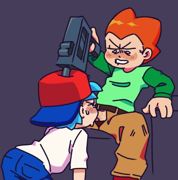 2boys, blue hair, blue pants, boy rape, boyfriend (friday night funkin), brown pants, friday night funkin, gay, giving head, green shirt, gunpoint, hat, male, male only, on knees, orange hair, pico (newgrounds), sweatdrop, tagme, white eyes, white shirt, yaoi