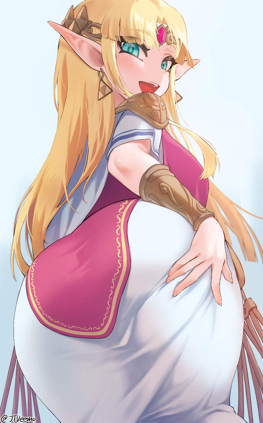 :d, 1girls, a link between worlds, aqua eyes, artist name, ass, ass grab, ass in dress, bangs, big ass, big butt, blonde hair, blue eyes, blush, breasts, circlet, dress, earrings, eyebrows visible through hair, eyelashes visible through hair, female, female only, grabbing own ass, hylian, jewelry, jtveemo, long hair, looking at viewer, looking back, medium breasts, nintendo, open mouth, pointy ears, princess zelda, simple background, smile, solo, super smash bros., the legend of zelda, tight dress, triforce earrings, very long hair, zelda (a link between worlds)