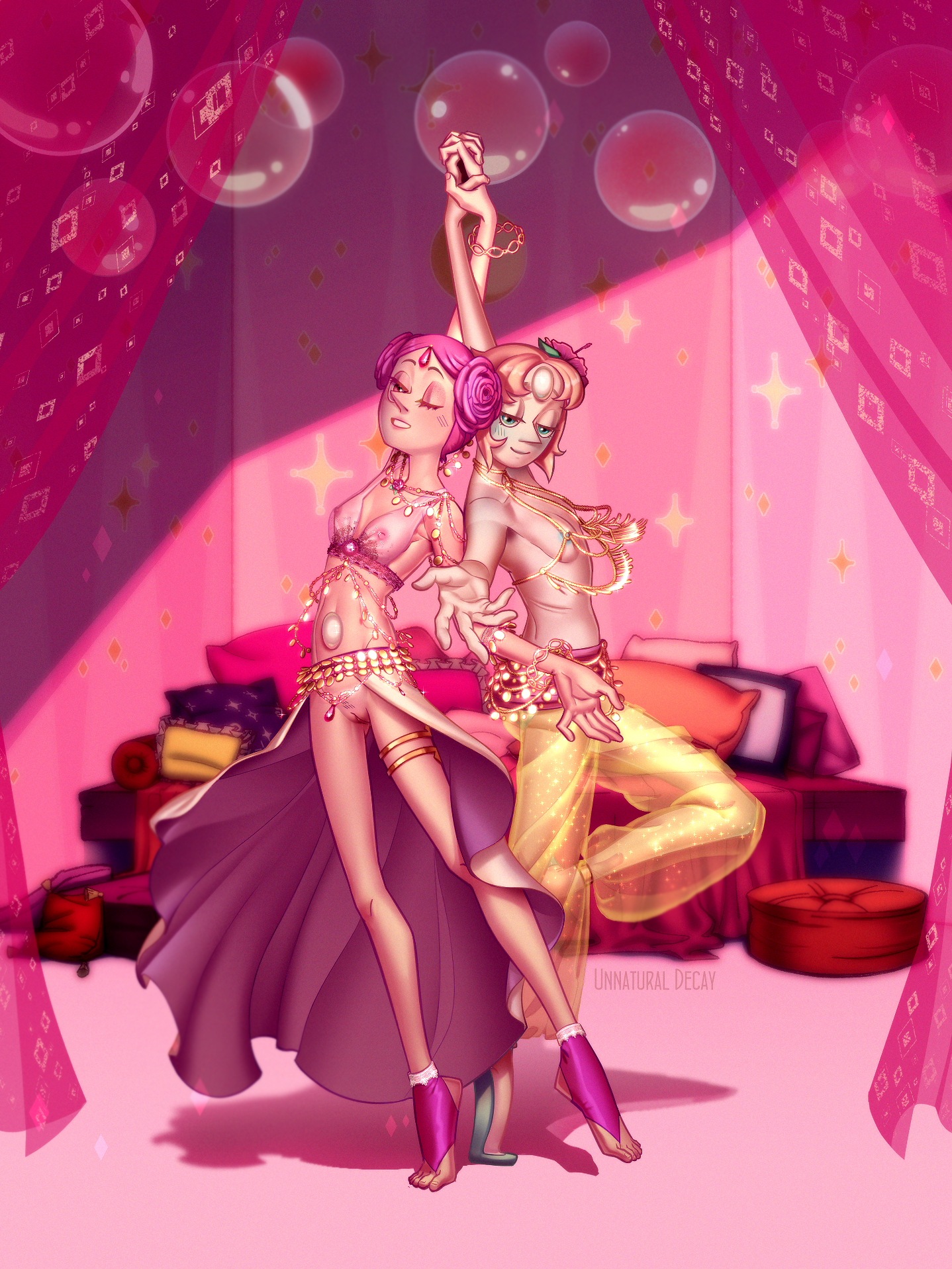 2girls, alien, alien girl, alien humanoid, belly dancer, belly dancer outfit, breasts, cartoon network, female, female only, flat chest, forehead jewel, gem (species), harem outfit, multiple females, multiple girls, nipples, partially nude, pearl (steven universe), pink hair, pink pearl (steven universe), pink skin, pussy, small breasts, steven universe, tagme, unnaturaldecay