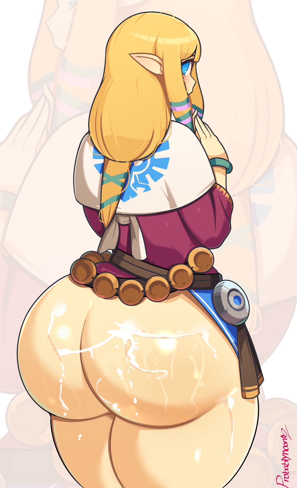 1girls, ass, ass crack, ass focus, big ass, big butt, blonde hair, blue eyes, bottomless, bottomless skirt, bracelet, bubble ass, bubble butt, butt crack, cum, cum on ass, curvy, dress, fat ass, fat butt, female, fully clothed, huge ass, hylian, hyper, hyper ass, large ass, light skin, light-skinned female, looking back, nintendo, pale skin, pale-skinned female, plump, plump ass, pointed ears, pointy ears, ponytail, princess zelda, probablynoon, simple background, skyward sword, the legend of zelda, thick, thick ass, tight fit, upskirt, wide hips, zelda (skyward sword)