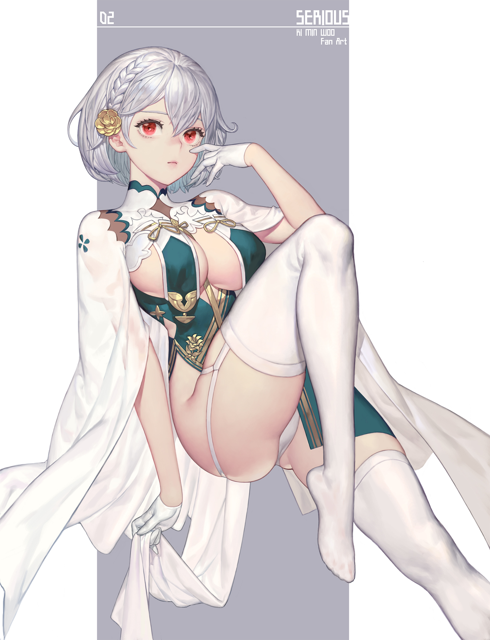 azur lane, braid, breast curtains, breasts, character name, closed mouth, female, french braid, gloves, grey background, hair ornament, highres, ki min-woo, large breasts, leg garter, lips, looking at viewer, red eyes, see-through, silver hair, simple background, sirius (azur lane), sirius (azure horizons) (azur lane), solo, thighhighs, two-tone background, white background, white gloves, white legwear