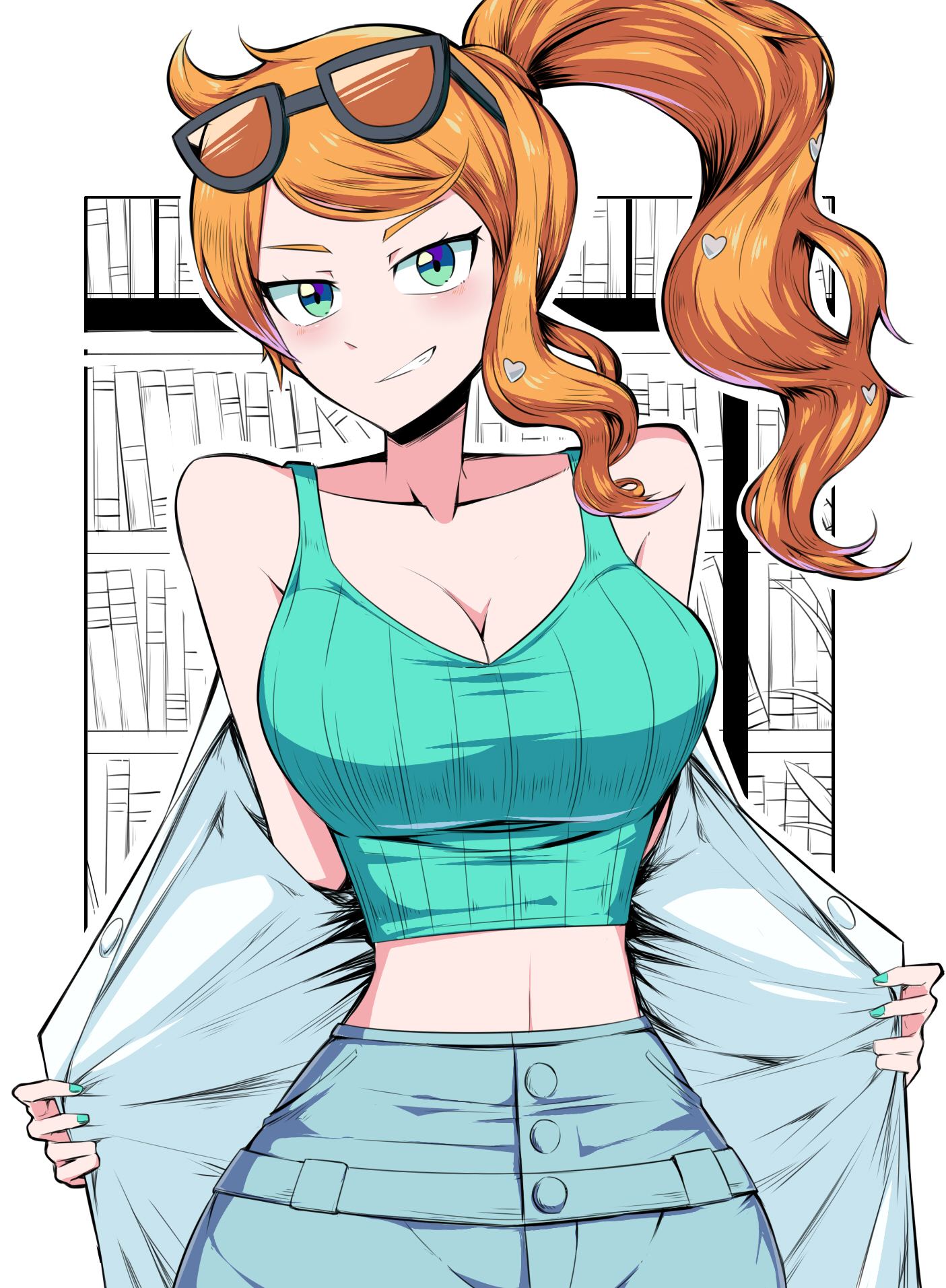 1girls, 2019, big breasts, breasts, cleavage, female, female only, game freak, green nails, horny, labcoat, looking at viewer, orange hair, pokemon, pokemon professor, pokemon ss, ponytail, presenting, presenting breasts, shimure (460), smile, solo, solo female, sonia (pokemon), sunglasses, sunglasses on head, tagme, tank top