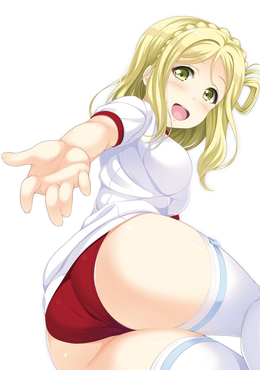 ass blonde_hair braid buruma commentary_request crown_braid female foreshortening gym_shirt gym_uniform hair_rings highres hino_minato_(spec.c) looking_at_viewer love_live! love_live!_sunshine!! ohara_mari open_mouth red_buruma shirt short_hair simple_background smile solo t-shirt thighhighs white_background white_legwear white_shirt yellow_eyes