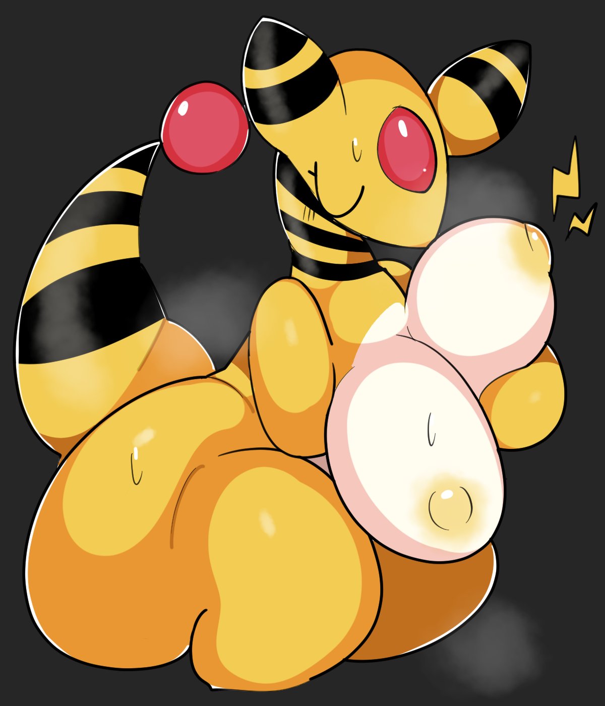 ampharos, anthro, black stripes, blush, breasts, closed eyes, ebi10000000000, female, female only, game freak, grabbing breasts, grabbing own breast, huge breasts, large breasts, nintendo, pokémon (species), pokemon, pokemon (species), pokemon focus, simple background, solo female, sweating, tagme, thick thighs, wide hips