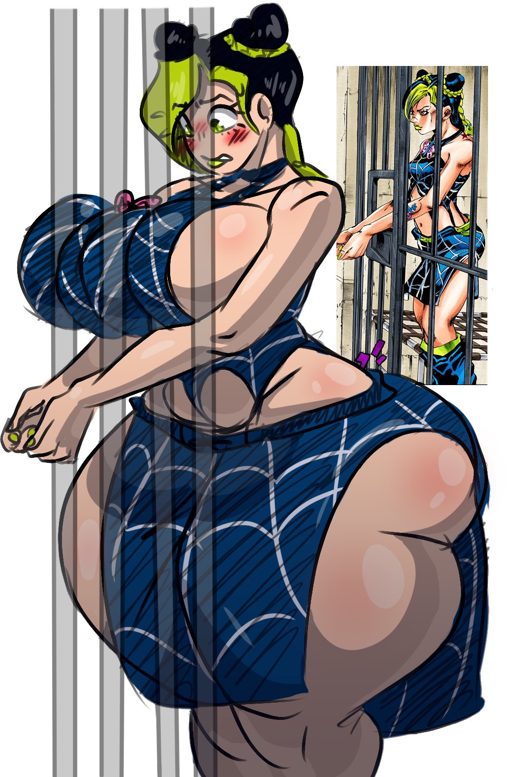 1girls big_breasts blush boots braided_hair breast_squish breasts dyed_hair edit female green_eyes green_hair hair_buns hirohiko_araki huge_breasts human jojo's_bizarre_adventure jolyne_kujo light-skinned_female light_skin lipstick long_hair nail_polish prison prison_bars shounen_jump skirt stone_ocean sweat thick_thighs ujanskiy wide_hips