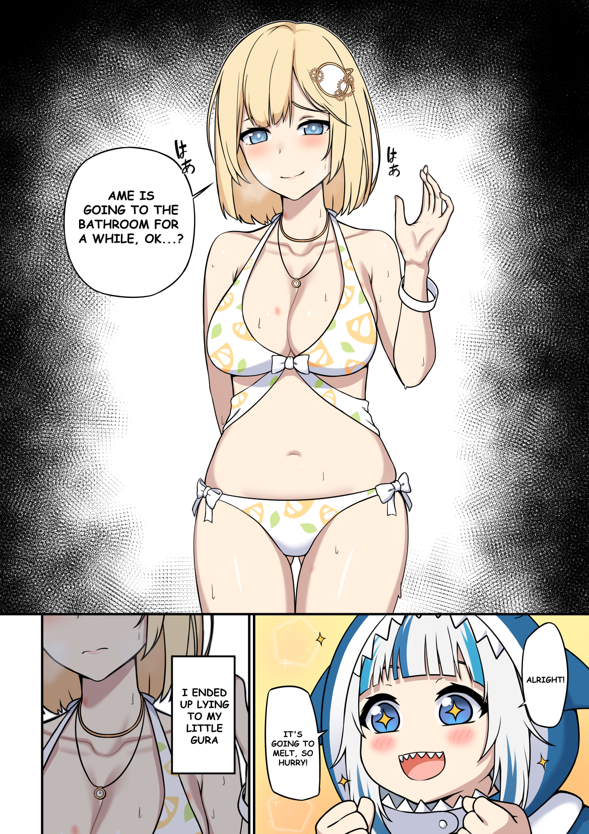 2girls, bikini, blonde hair, blue eyes, blue hair, bracelet, cleavage, english text, female, female focus, female only, gawr gura, hololive, hololive english, hololive myth, kangbus, looking at viewer, multiple females, multiple girls, parody, shark girl, swimsuit, virtual youtuber, watson amelia, waving
